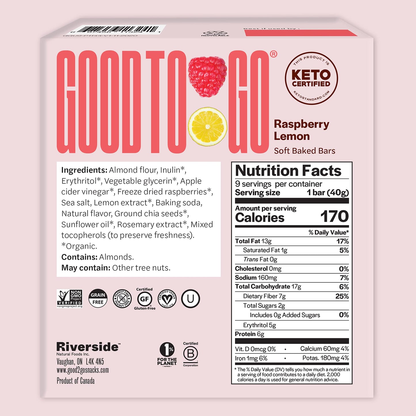 GOODTO GO Soft Baked Bars - Raspberry Lemon, 9 Pack - Gluten Free, Keto Certified, Paleo Friendly, Low Carb Snacks