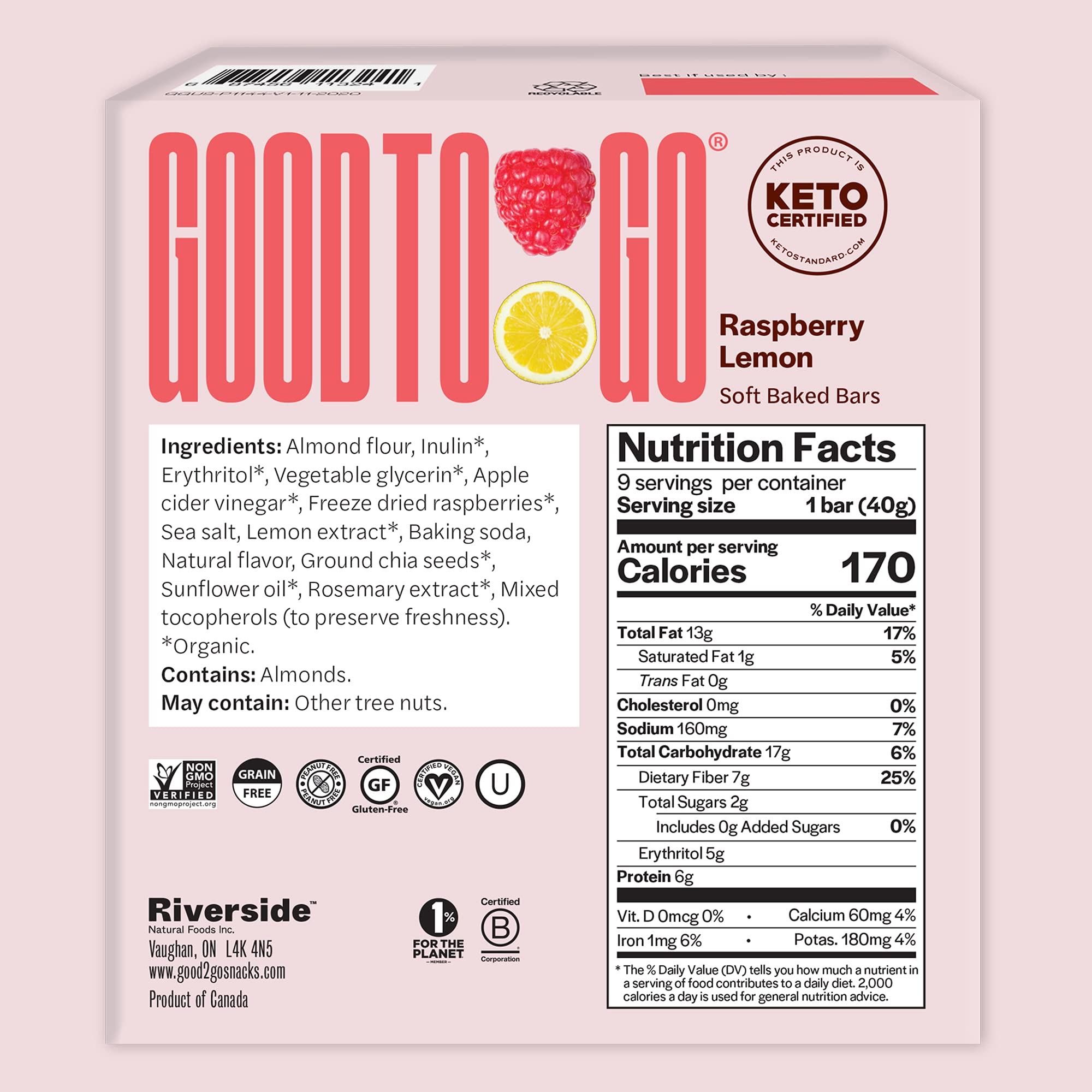 GOODTO GO Soft Baked Bars - Raspberry Lemon, 9 Pack - Gluten Free, Keto Certified, Paleo Friendly, Low Carb Snacks