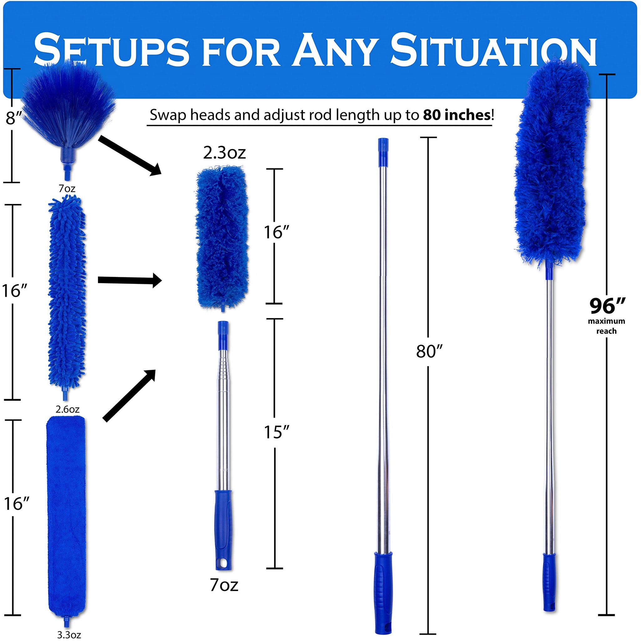 Microfiber Duster with Extension Pole - 4 Piece Dusters Set - Extends 15 to 80 Inches - Ceiling Fan Cleaner - Perfect for Cobwebs, Spider Webs