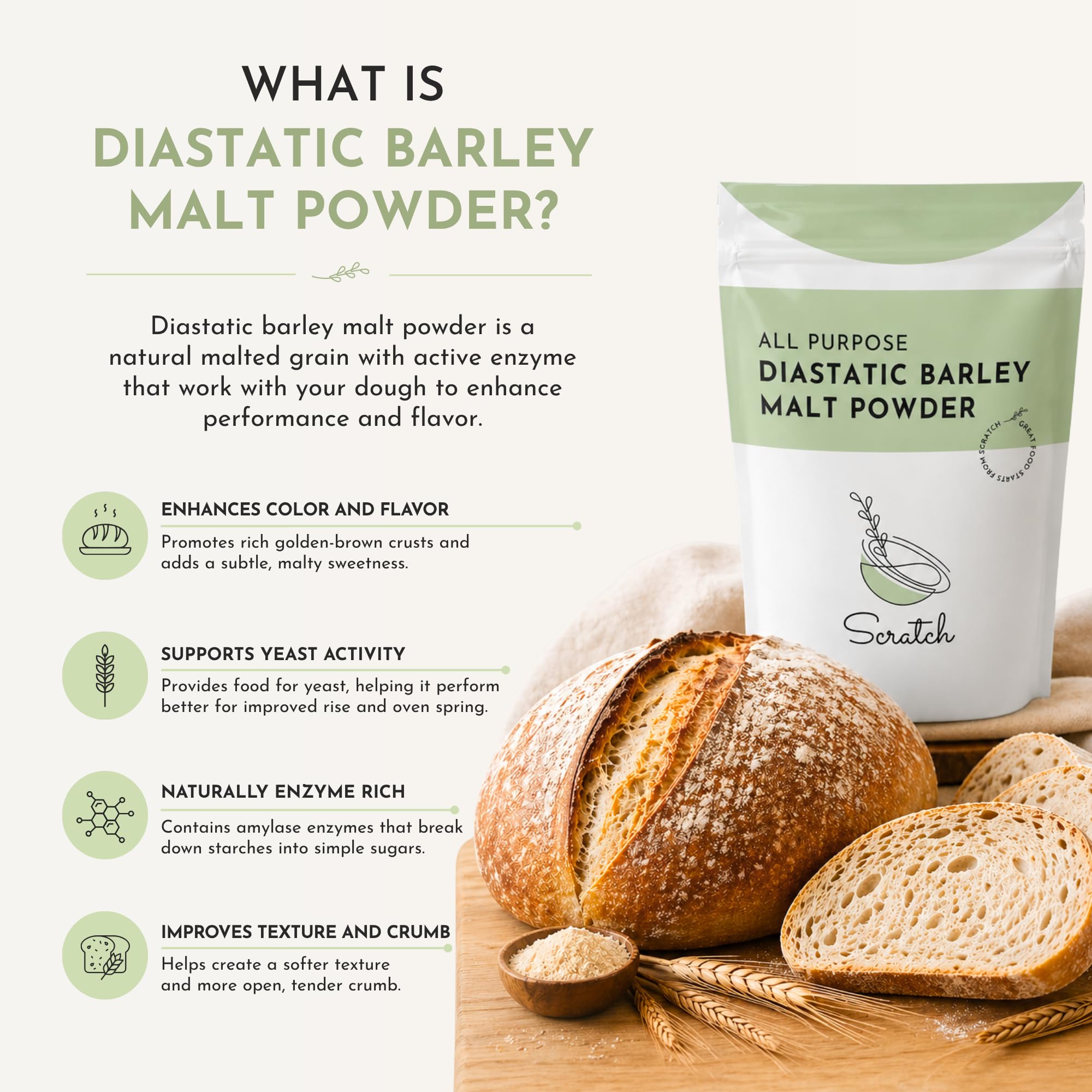 Scratch Diastatic Malt Powder for Baking - (2LB) Dried Barley Malt for Baking Bread - Bread Improver - Premium Baking Ingredients for Breads, Pizzas
