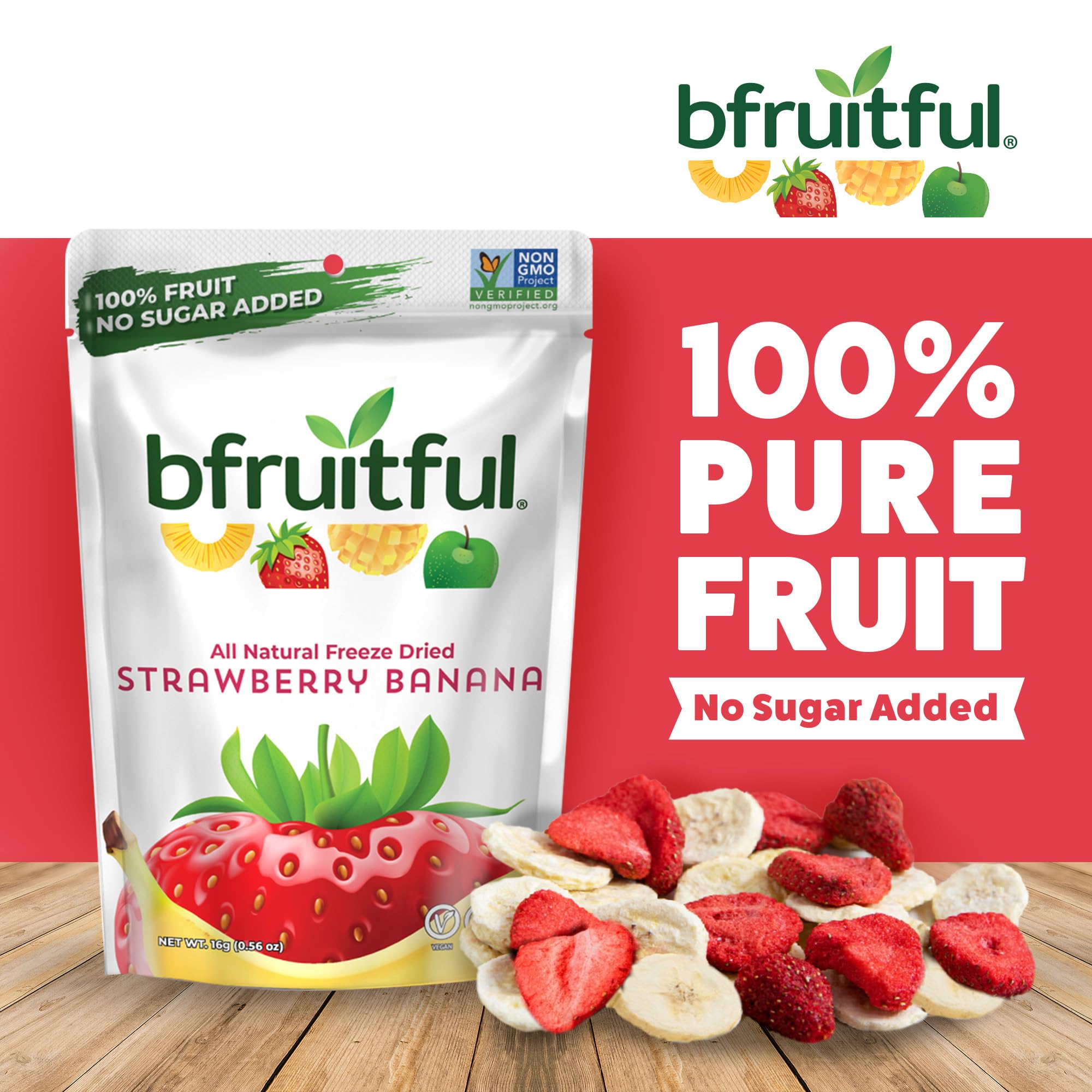 bfruitful Freeze-Dried Strawberry Banana, Freeze Dried Fresh Fruit Bites, Gluten Free, Vegan, Dairy Free, Kosher, No Sugar Added, Non GMO, Healthy