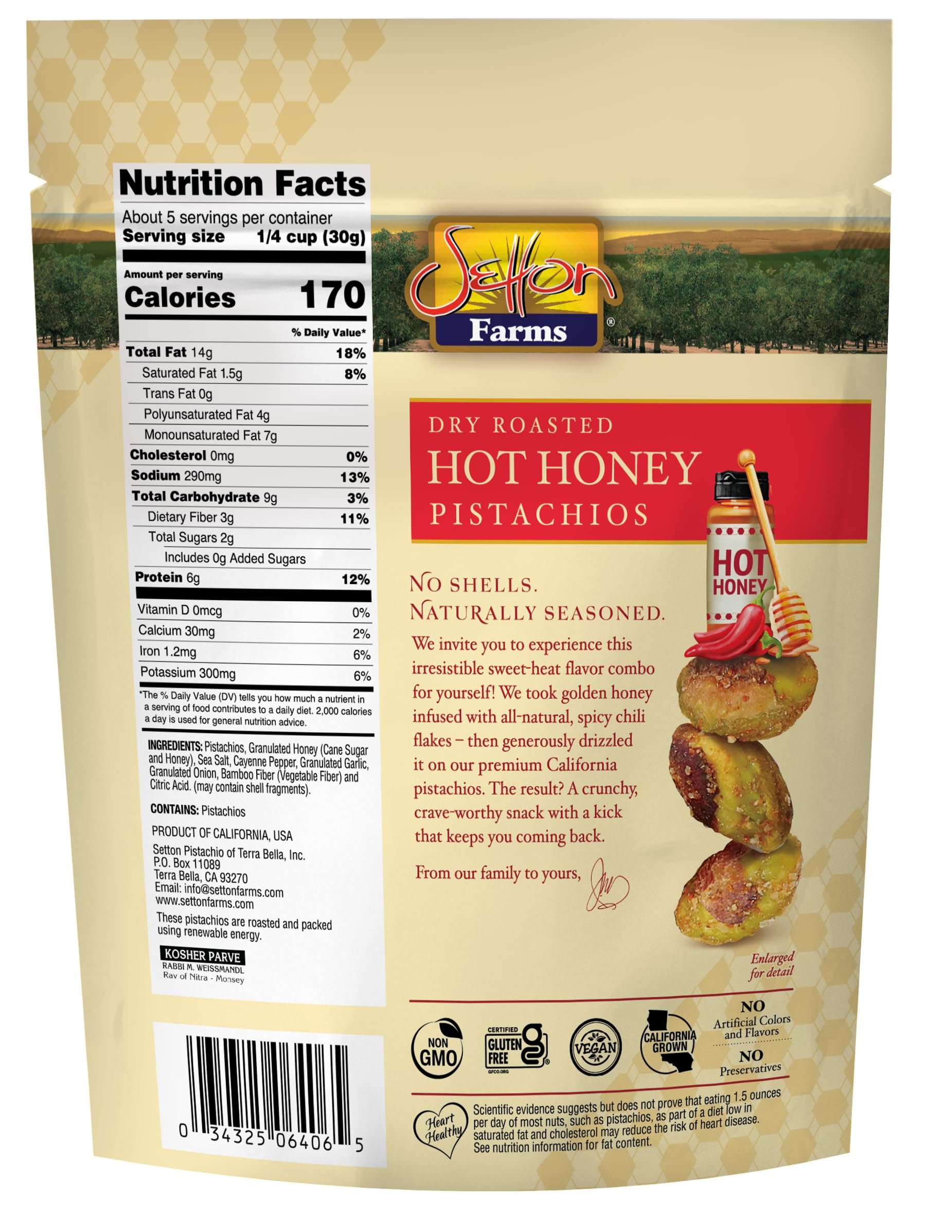 Setton Farms Naturally Seasoned Pistachio Kernels, Hot Honey, Dry Roasted, No Shell Pistachios, Certified Non-GMO, Gluten Free, Vegan and Kosher, 5 oz