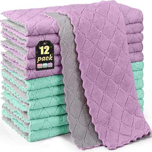 BUEDM 12 Pack Kitchen Dish Towels, 12x12 Thickened Coral Velvet Microfiber Cleaning Cloth, Highly Absorbent Lint-Free Dishcloths for Washing Dishes