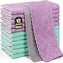 BUEDM 12 Pack Kitchen Dish Towels, 12x12 Thickened Coral Velvet Microfiber Cleaning Cloth, Highly Absorbent Lint-Free Dishcloths for Washing Dishes