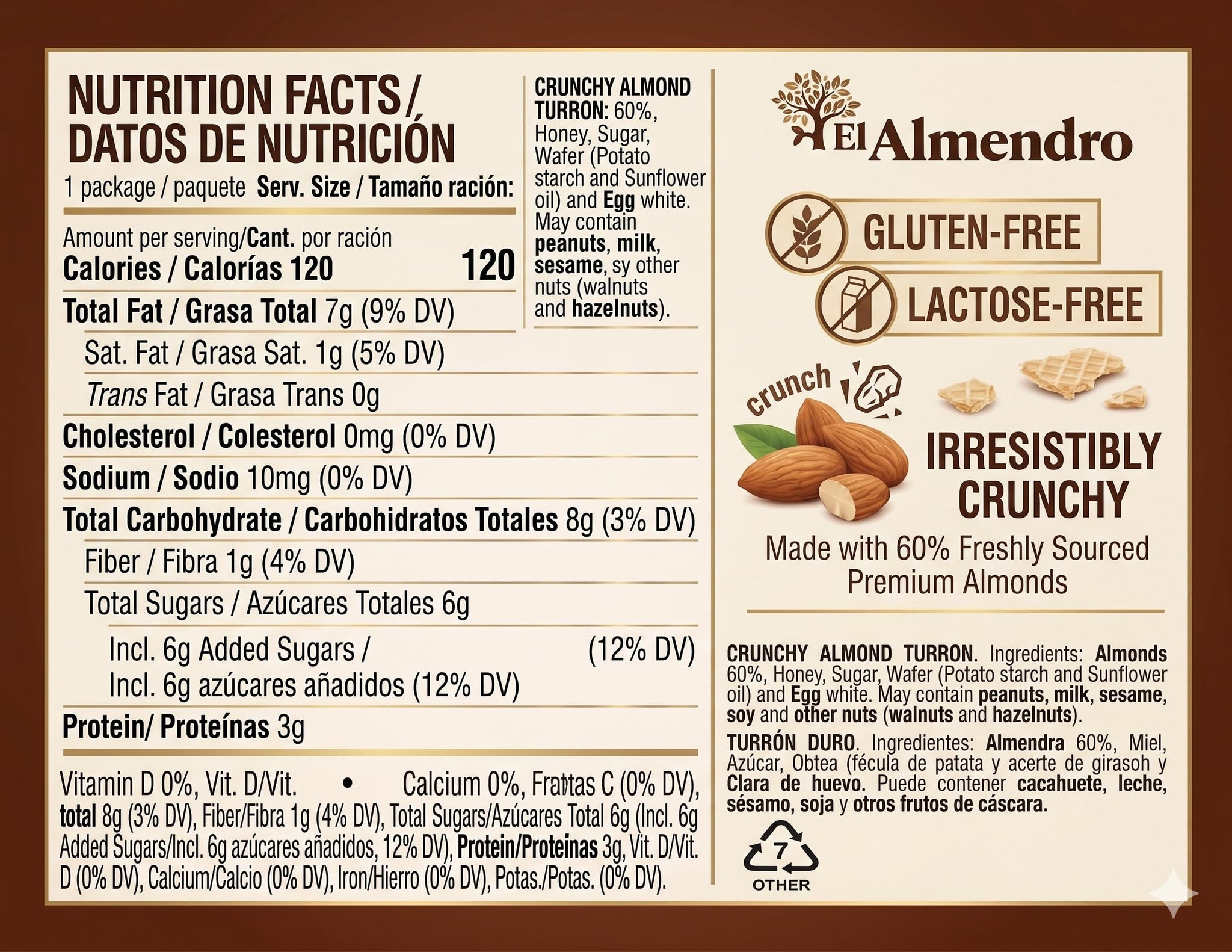 Crunchy Almond Turron Nougats From Spain, Traditional Spanish Candy Individually Wrapped, 24 Turron Duro Bars By El Almendro, Dessert, Gluten Free