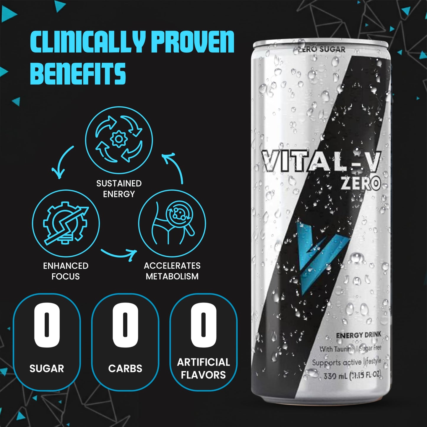 Vital-V Zero Premium Sugar Free Energy Drink with Taurine and B-Vitamins, 0 Calories