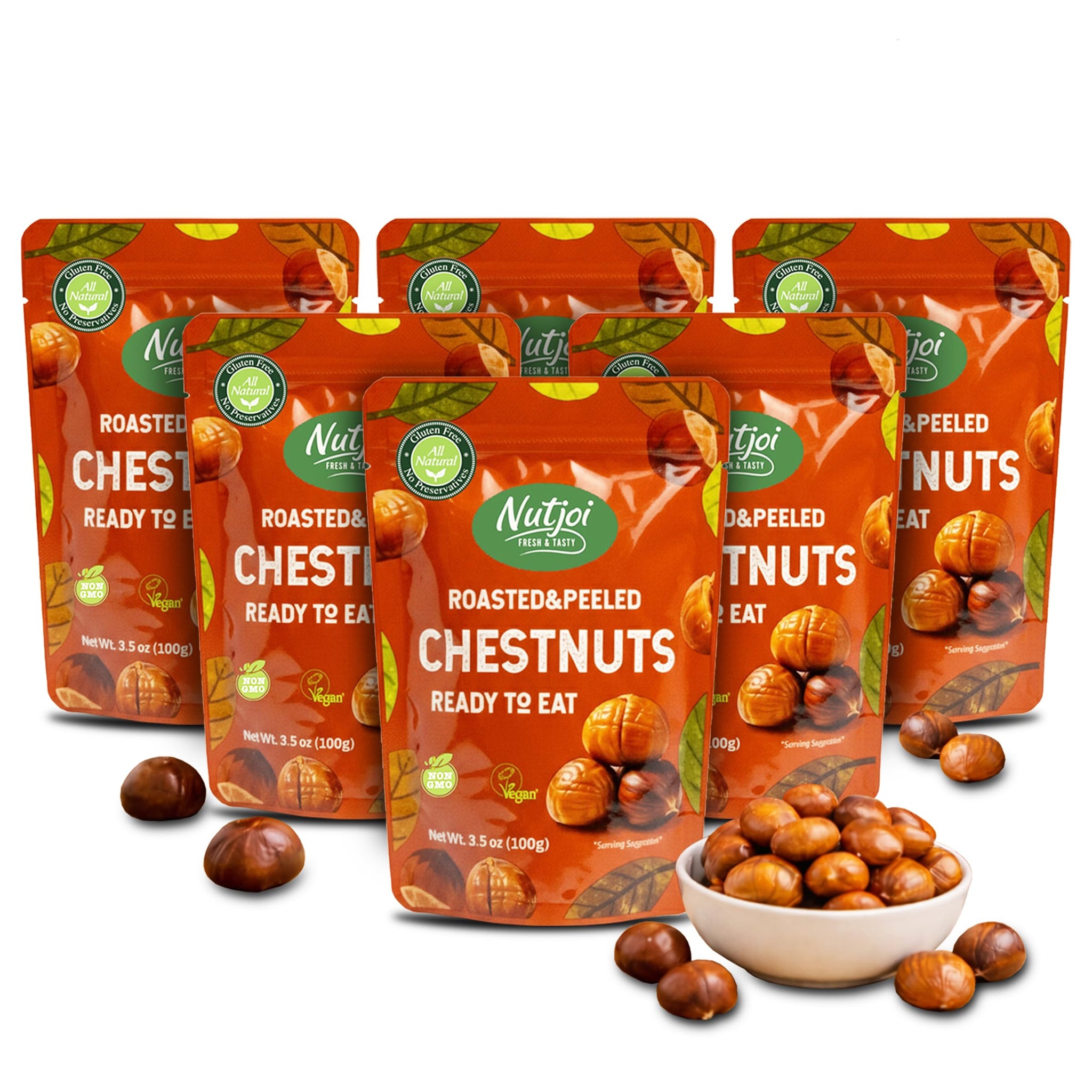 Roasted Chestnuts - Ready to Eat, Whole, Peeled & Cooked, Healthy Snack for Cooking & Baking, Vegan, Gluten Free - 3.5 oz (Pack of 6) - Nutjoi