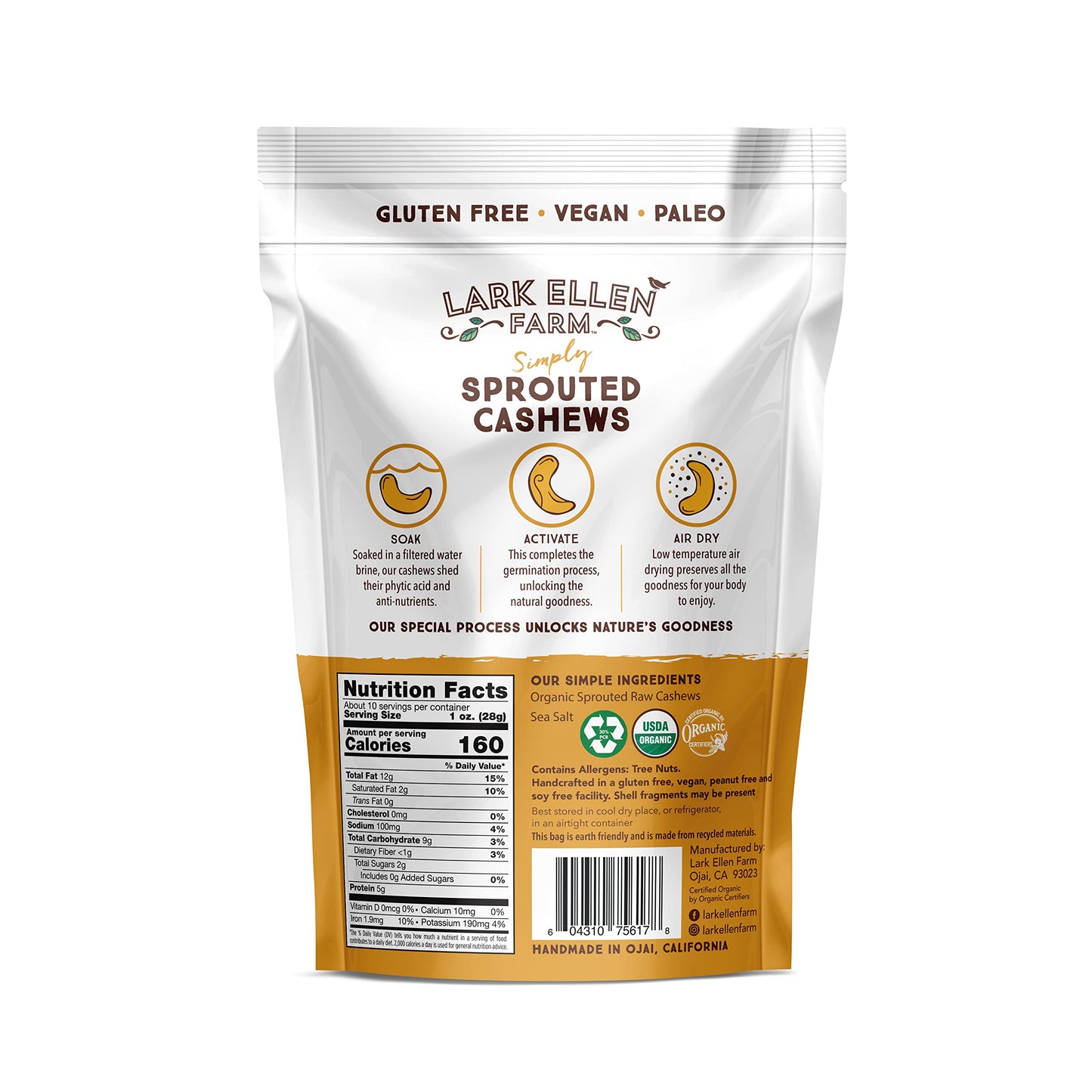 Lark Ellen Farm Unsalted Organic Raw Cashews, Sprouted, Air-Dried, Gluten-Free, Non-GMO, Vegan, Keto, Certified USDA, Peanut-Free Facility, Resealable