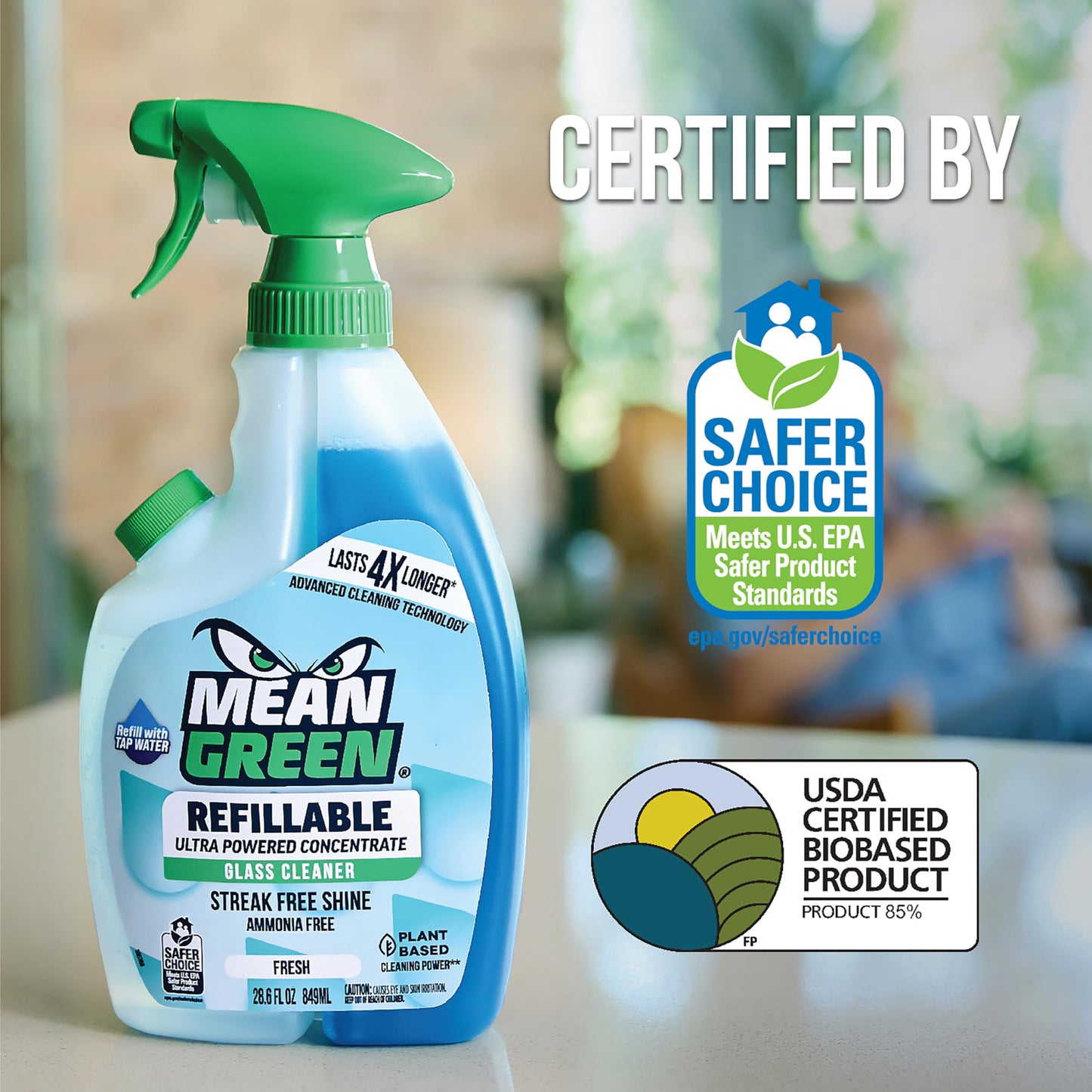 Mean Green Refillable Ultra Powered Glass Cleaner Concentrate, Fresh Scent, 14.3 fl oz - Plant & Mineral Based, Streak-Free Shine, Refillable Bottle