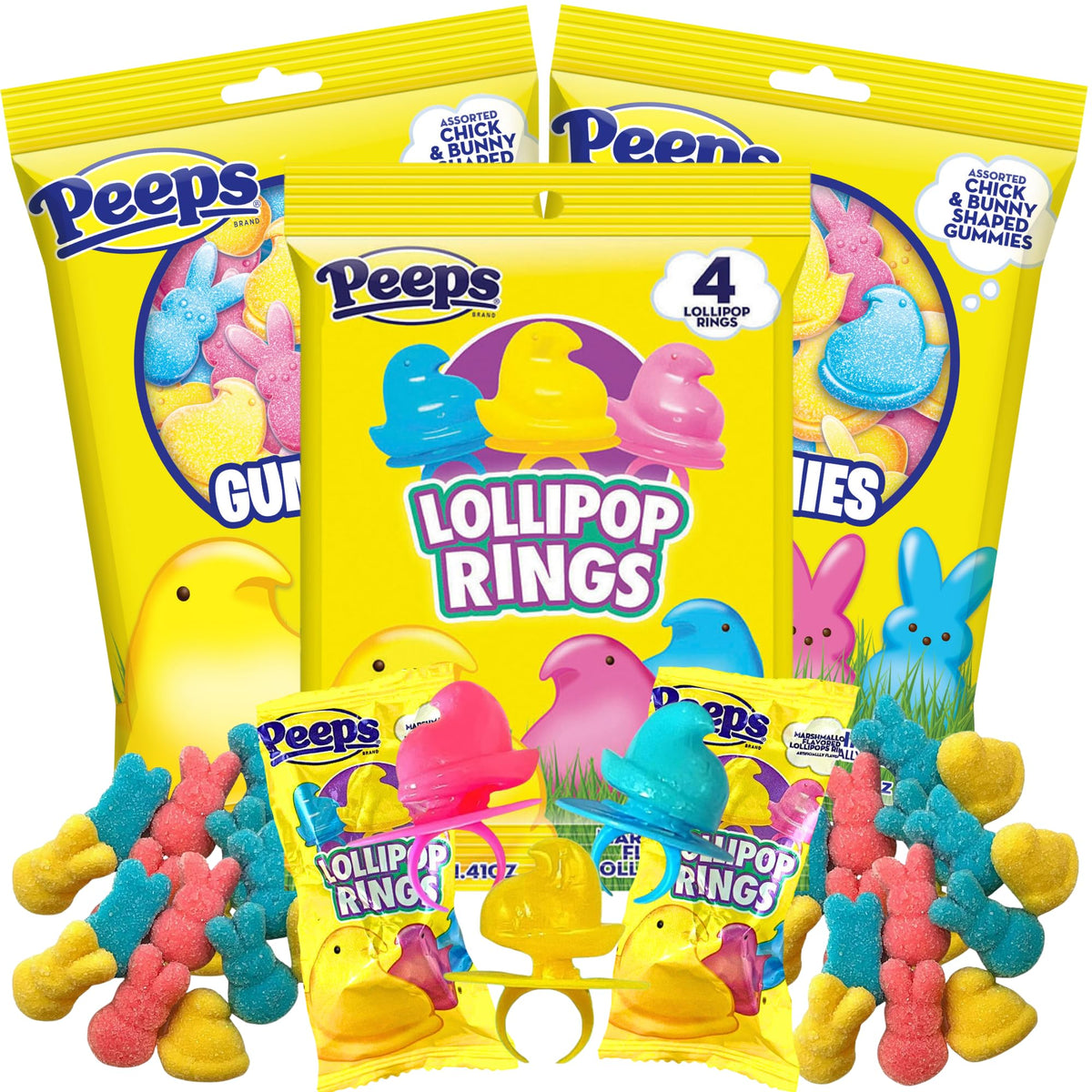 Peeps Lollipop Rings and Gummies, Multicolored Chick and Bunny Shaped Candy, Individually Wrapped Pieces (Pack of 3)