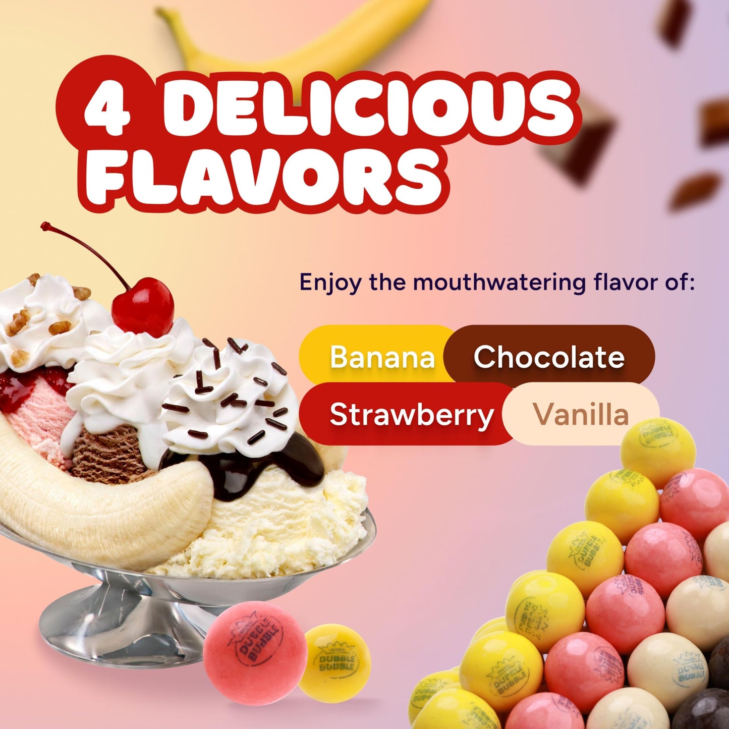 Banana Split Gumballs - 1 Inch Large Bubble Gum Balls - 1.7 LB Resealable Bag Double Bubble Chewing Gum - Vanilla Chocolate Strawberry Banana Flavors