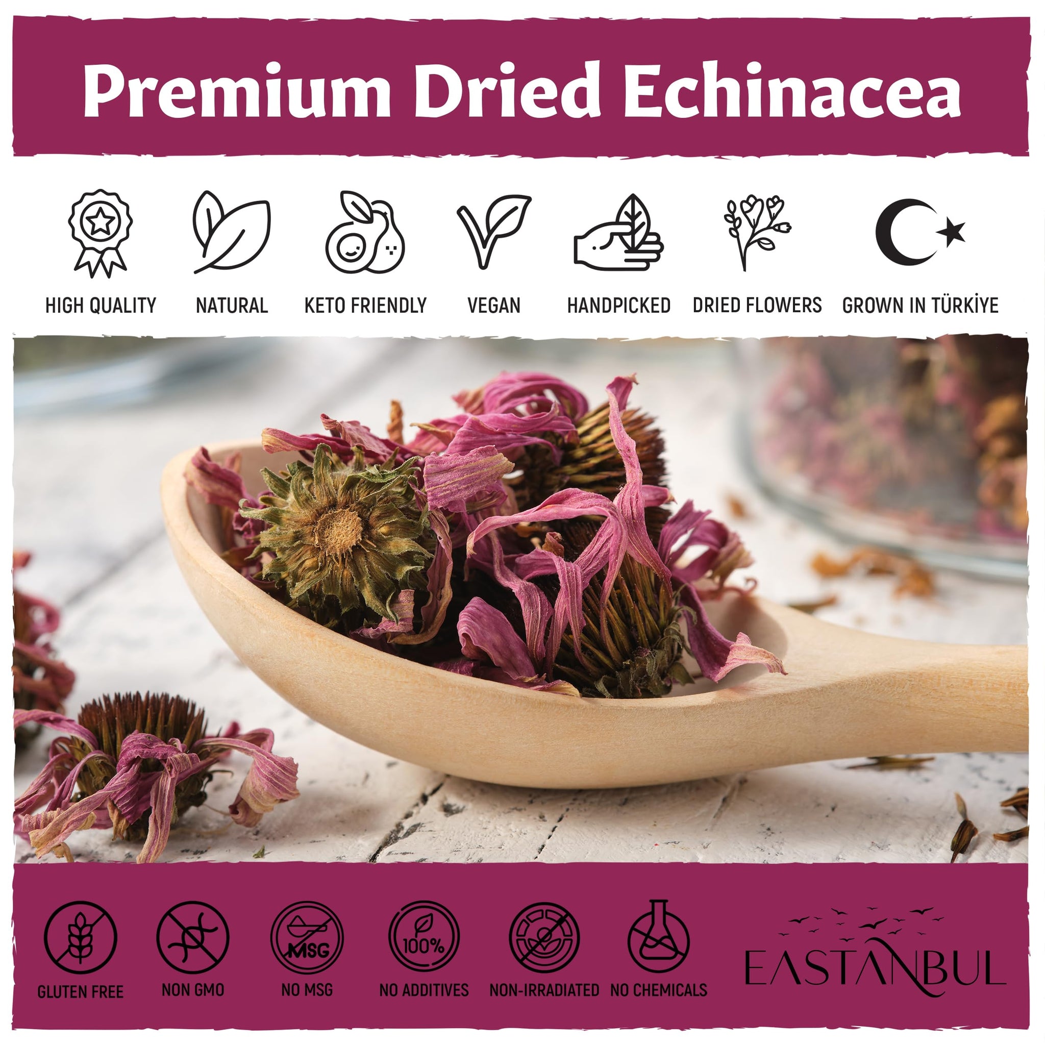 Eastanbul Echinacea Purpurea, 4.2oz Dried Echinacea Flowers & Leaves, Loose Leaf Whole Equinacea Herb, Premium Quality, Herbal Tea & Infusion