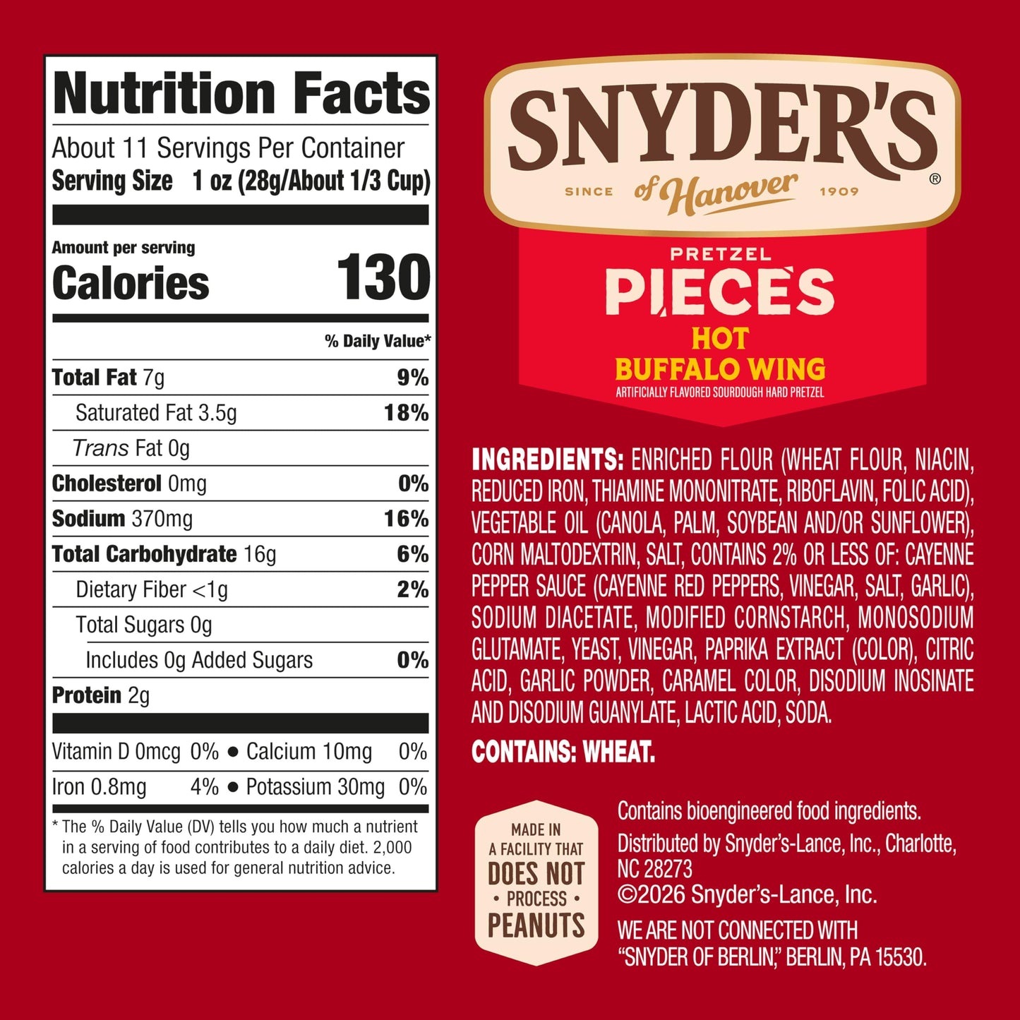 Snyder's of Hanover Hot Buffalo Wing Flavored Pretzel Pieces, 11.25 Oz