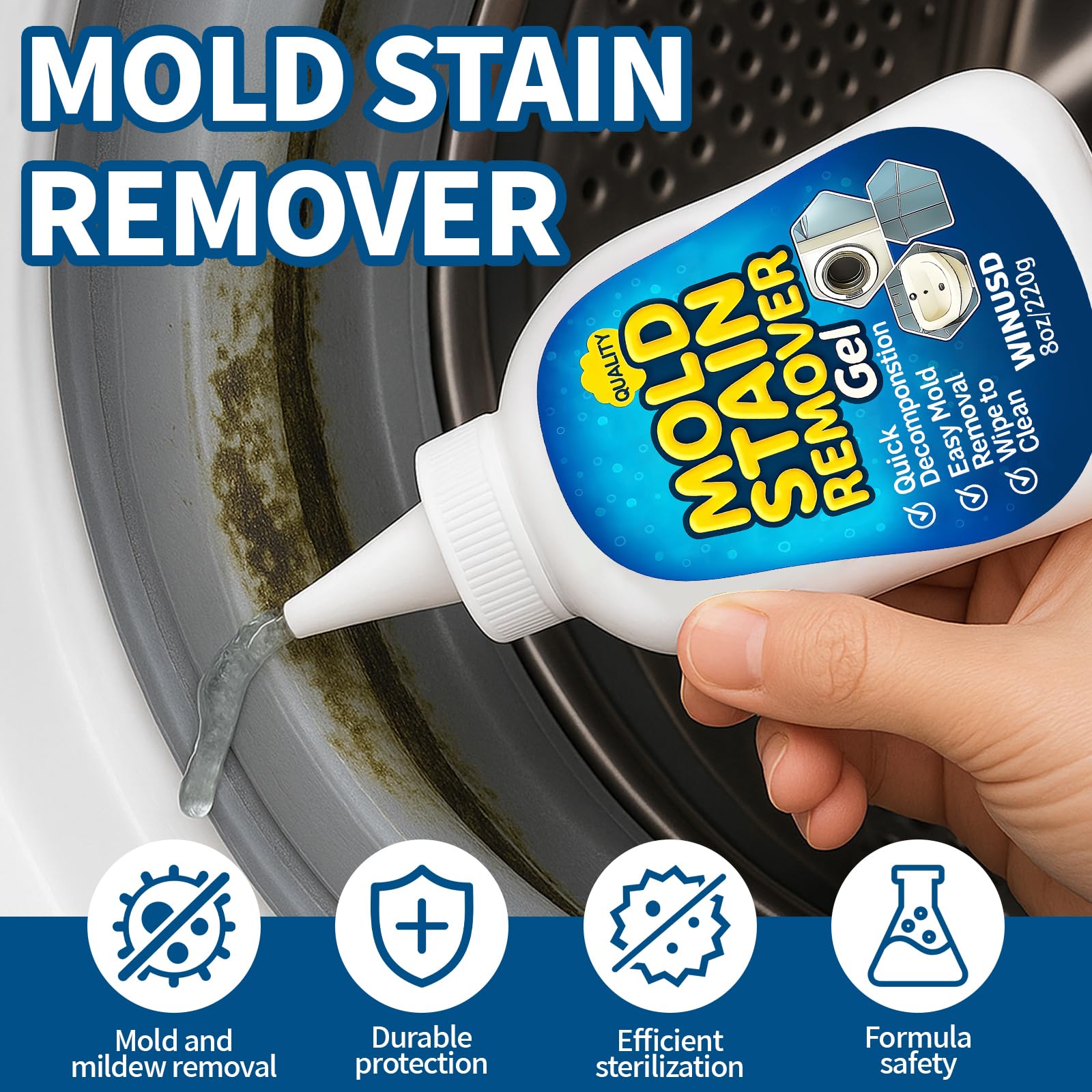 WINUSD 8OZ Active Stain Remover Gel Cleaner for Washing Machine Seal, Bathroom Grout, Shower Caulk, Tile, Walls, Toilet Bowl, Sink, Silicone