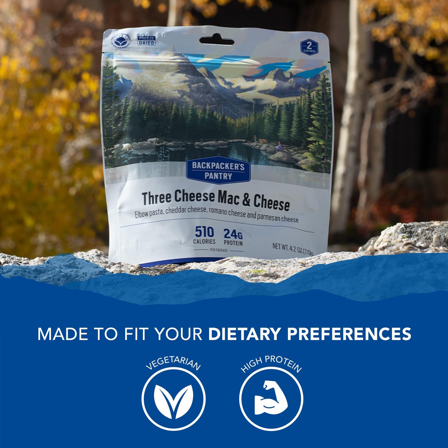 Backpacker's Pantry Three Cheese Mac & Cheese - Freeze Dried Backpacking & Camping Food - Emergency Food - 24 Grams of Protein, Vegetarian - 1 Count