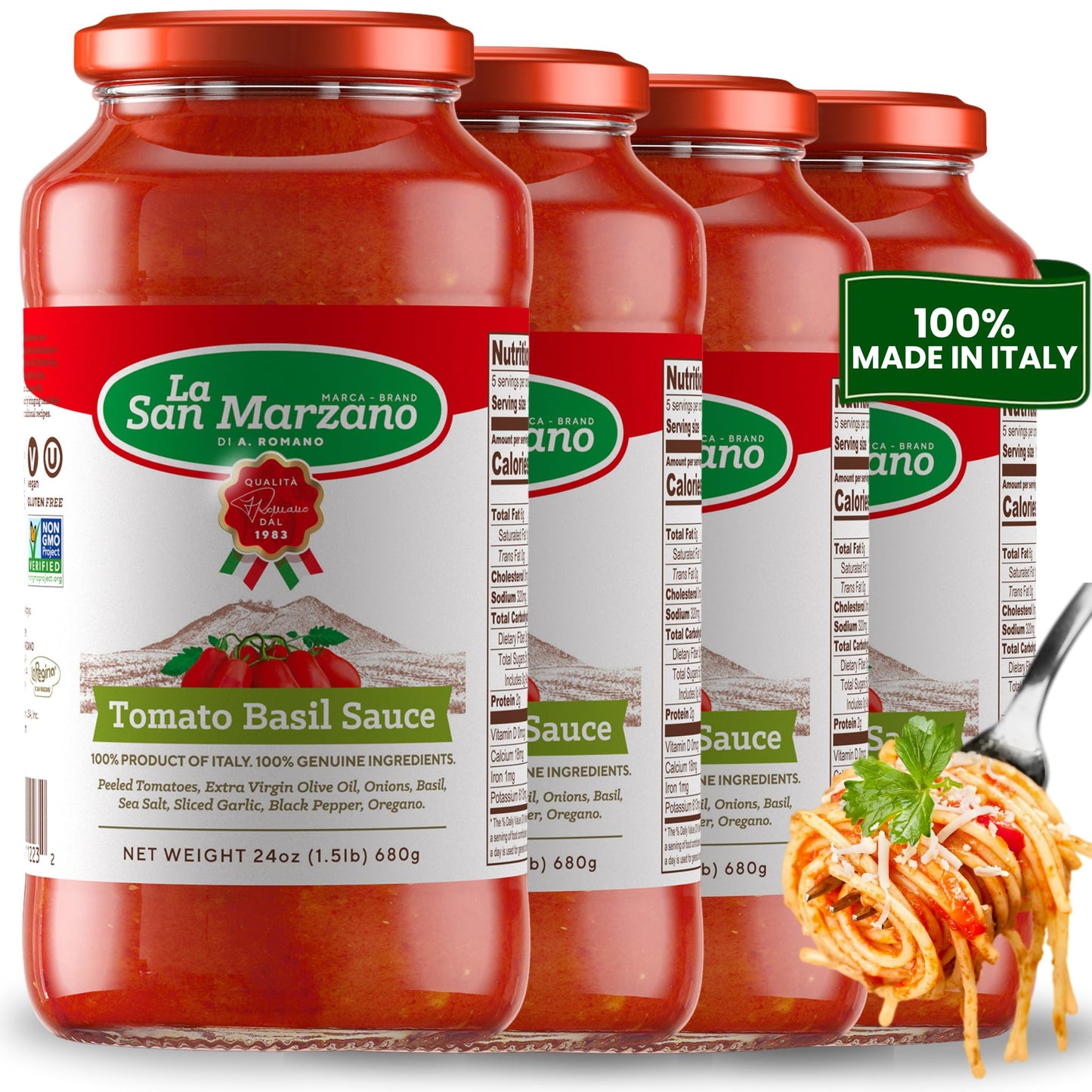 La San Marzano Tomato Basil Sauce, 24 oz, Pasta Sauce Made in Italy, All Purpose Tomato Premium Quality, All Natural, Mediterranean Diet, Non GMO