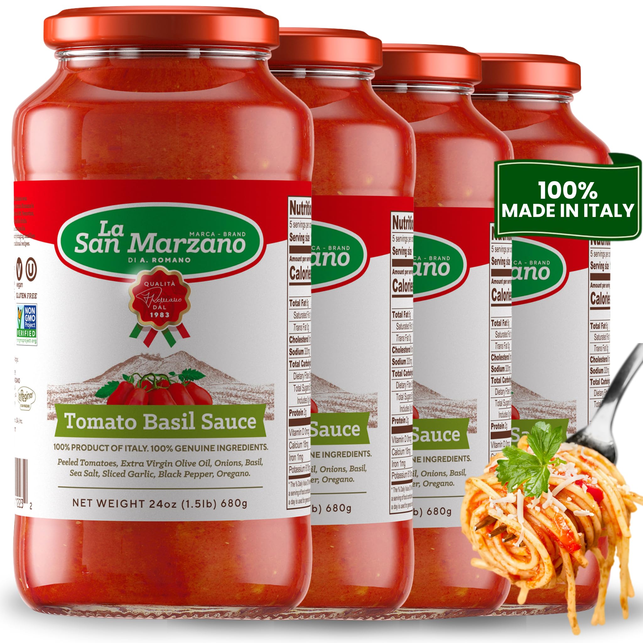 La San Marzano Tomato Basil Sauce, 24 oz, Pasta Sauce Made in Italy, All Purpose Tomato Premium Quality, All Natural, Mediterranean Diet, Non GMO