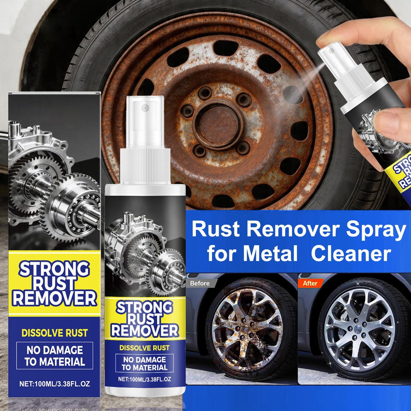 Upgrade Rust Remover Set for Metal, with Cleaning Cloth and Sponge, Heavy Duty Metal Cleaner for Vehicles, Tools, Chains, Multipurpose Iron Out Rust