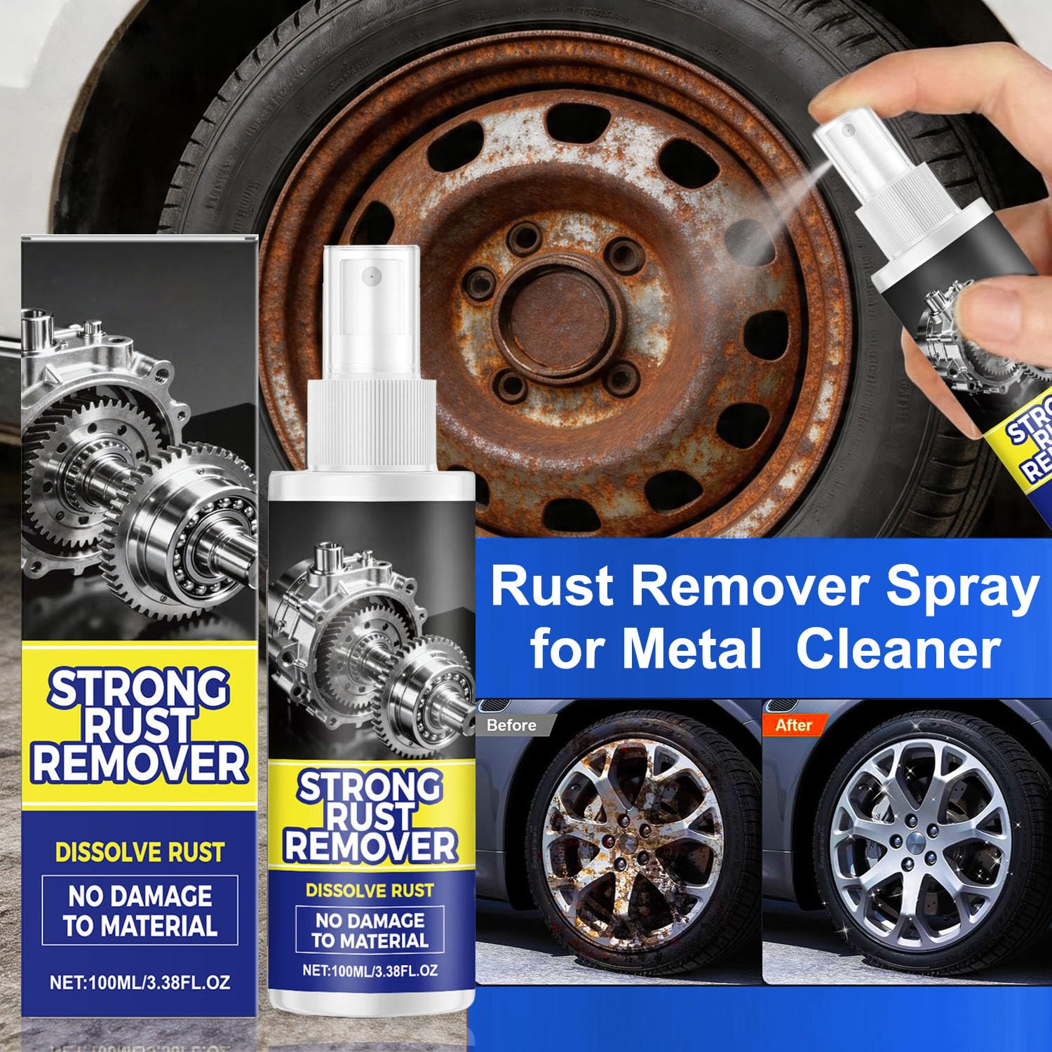 Upgrade Rust Remover Set for Metal, with Cleaning Cloth and Sponge, Heavy Duty Metal Cleaner for Vehicles, Tools, Chains, Multipurpose Iron Out Rust