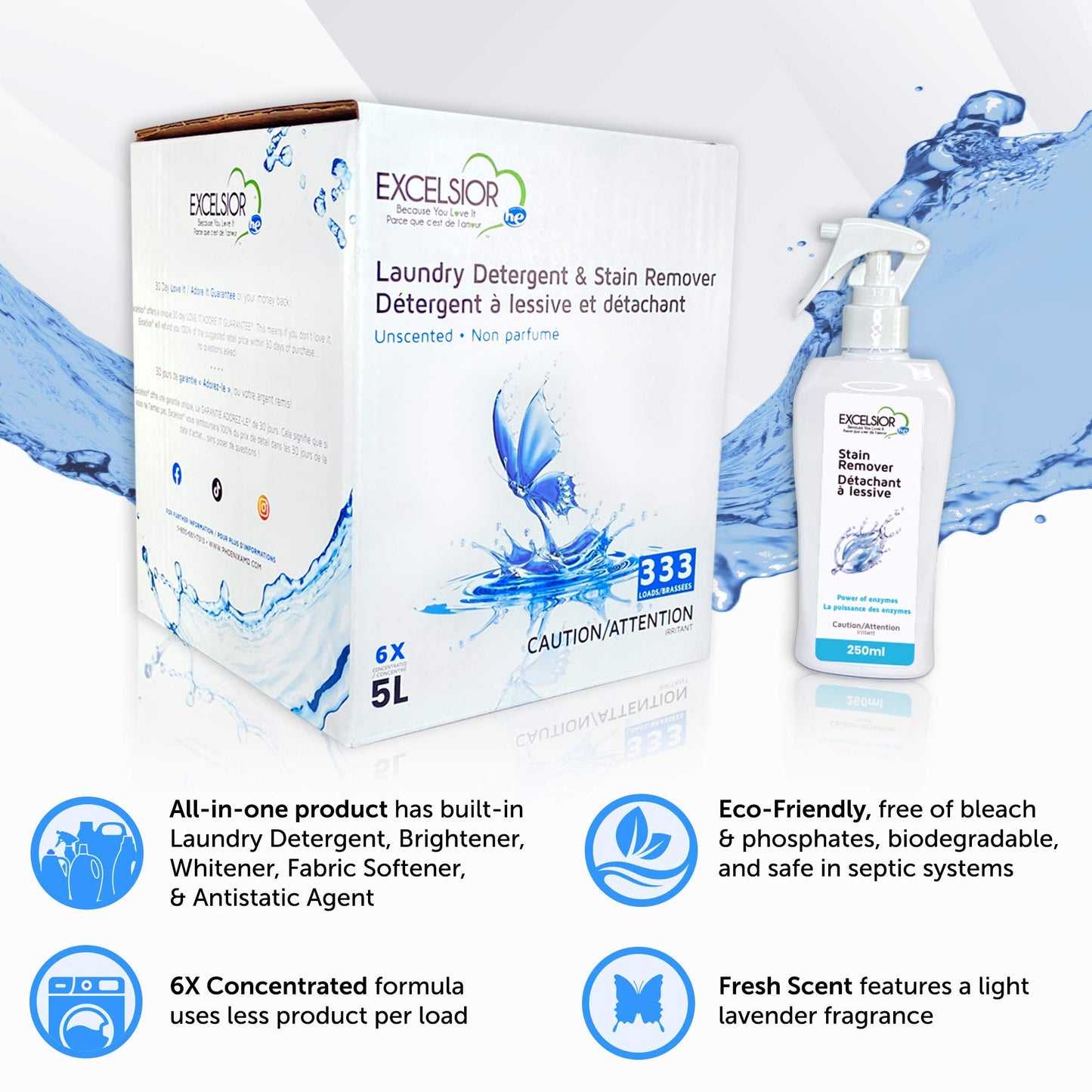 Excelsior HE Laundry Detergent Liquid Fragrance Free Concentrated 333 Loads 5 Liter With Natural Stain Remover, High Efficiency Washing Detergent