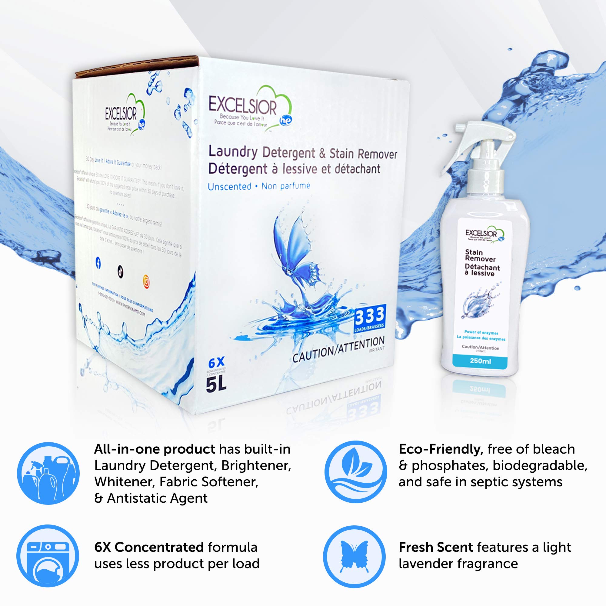 Excelsior HE Laundry Detergent Liquid Fragrance Free Concentrated 333 Loads 5 Liter With Natural Stain Remover, High Efficiency Washing Detergent