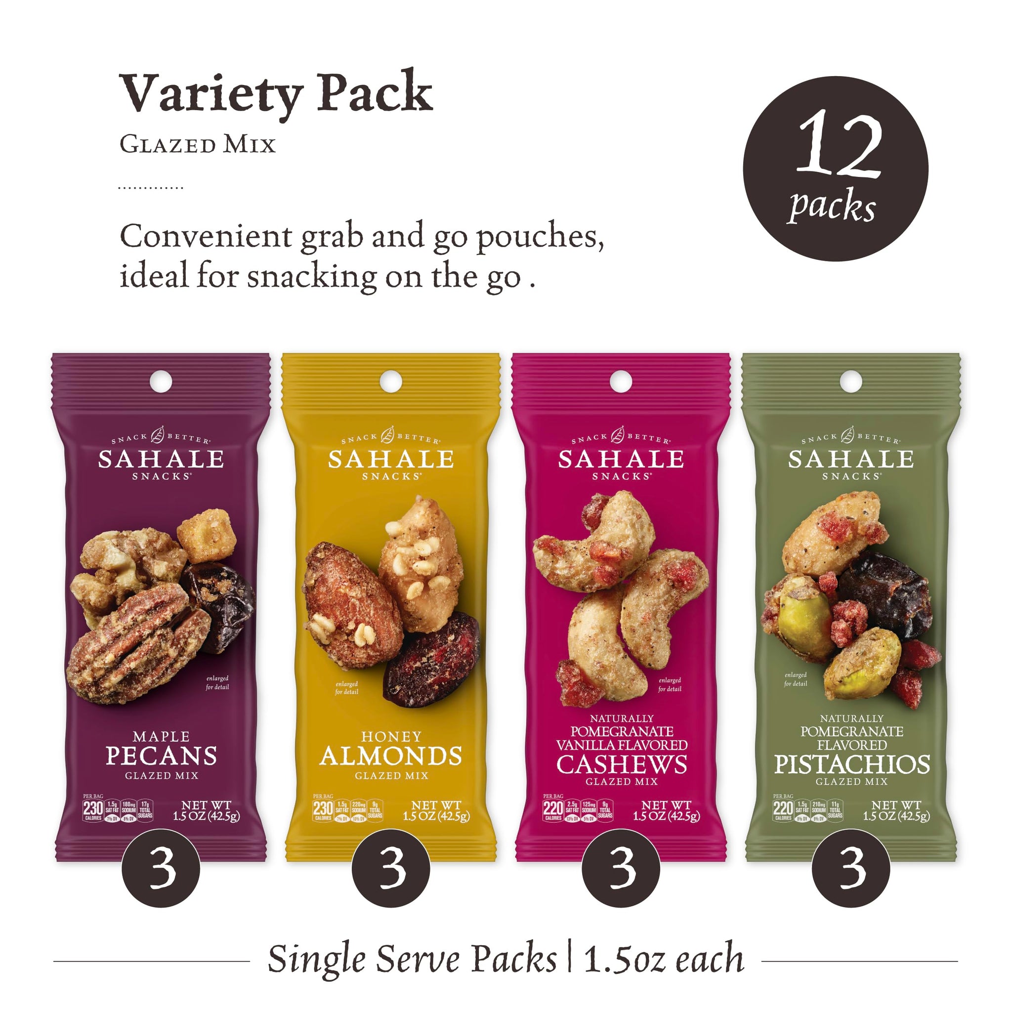 Sahale Snacks Glazed Mix Nut Blend Variety Pack, 1.5 Oz Grab & Go Bags (12 Total Packs) - Four Different Dry-Roasted Deluxe Mixed Nuts Blends Included