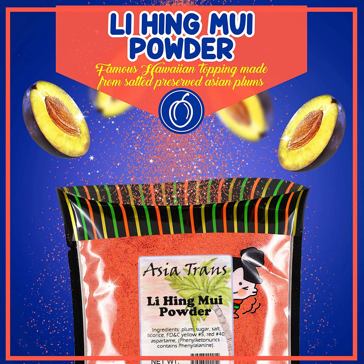 Asia Trans Li Hing Mui Crack Seed Plum Powder - Hawaiian Favorite - Sweet, Sour, & Salty Dried Asian Umeboshi Topping for Desserts and Snacks (16 oz)