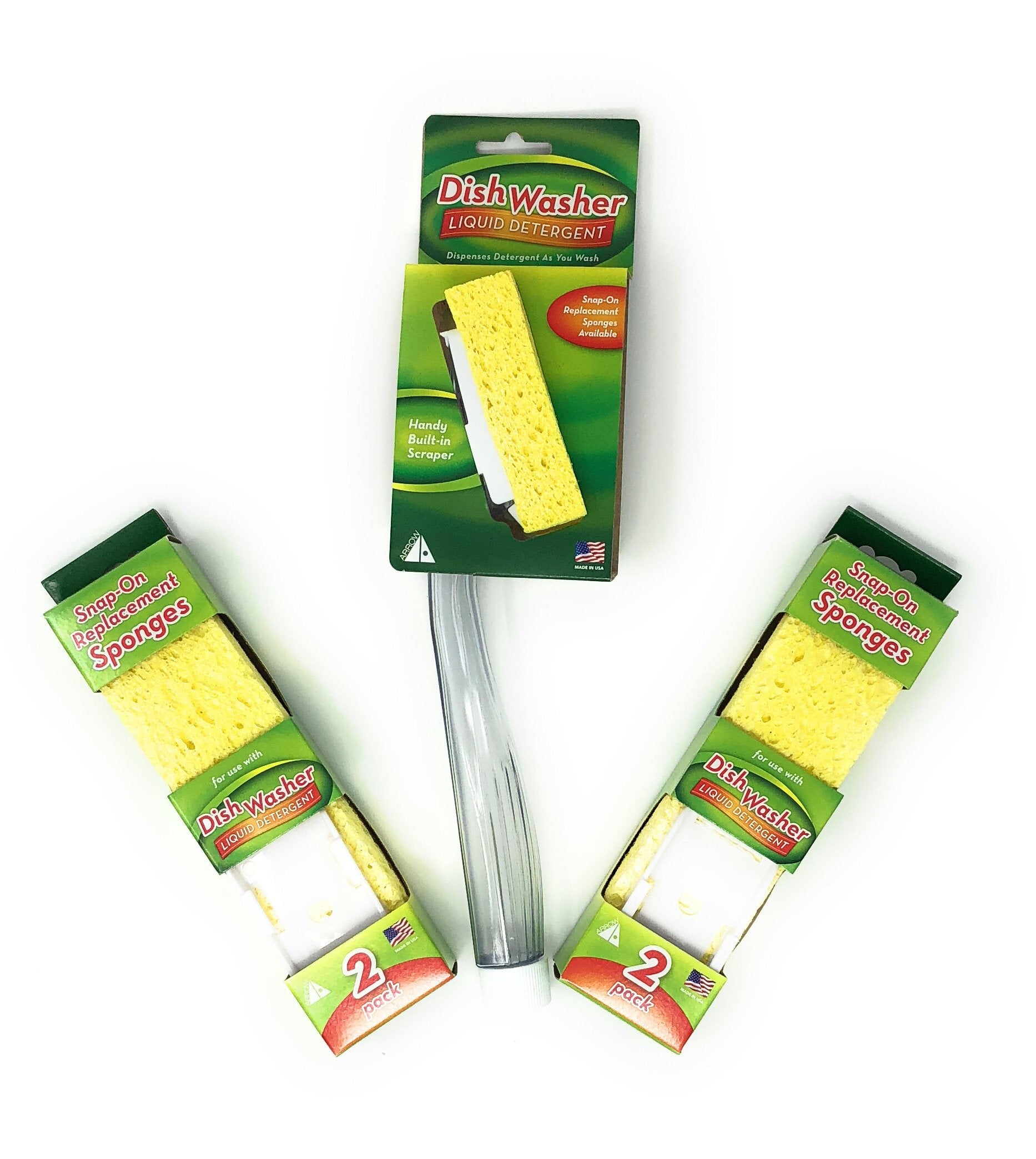 Arrow Dish Sponge w/ Soap Dispenser Handle & 4 Refill Sponges - Fillable Dish Wand for Quick, Convenient Cleaning - Easy to Refill - Built-In Scrubber