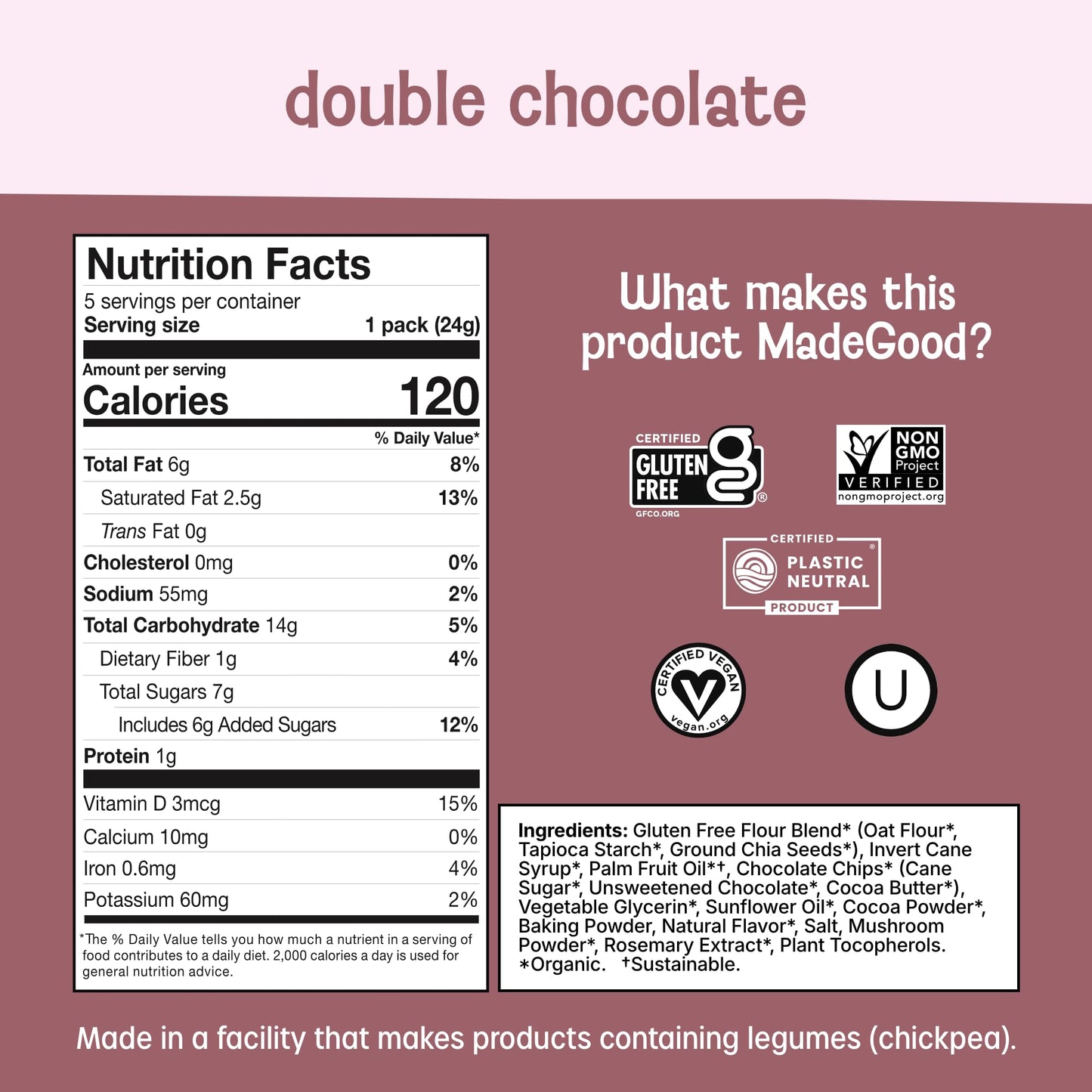 MadeGood Double Chocolate Soft-Baked Cookies, 0.85oz Each, Organic Snacks