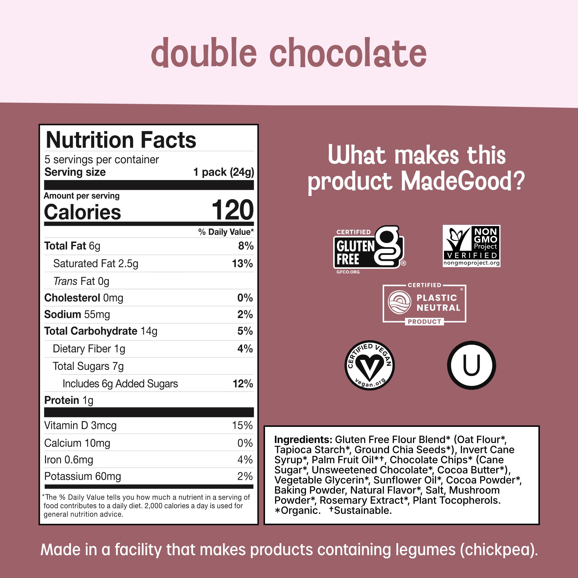 MadeGood Double Chocolate Soft-Baked Cookies, 0.85oz Each, Organic Snacks