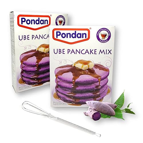 Pondan Ube Pancake Mix with Maple Flavored Syrup Set 8.818 Oz. (250 g) X 2 with Mini Stainless Steel Wire Whisk (3-Pc Set)