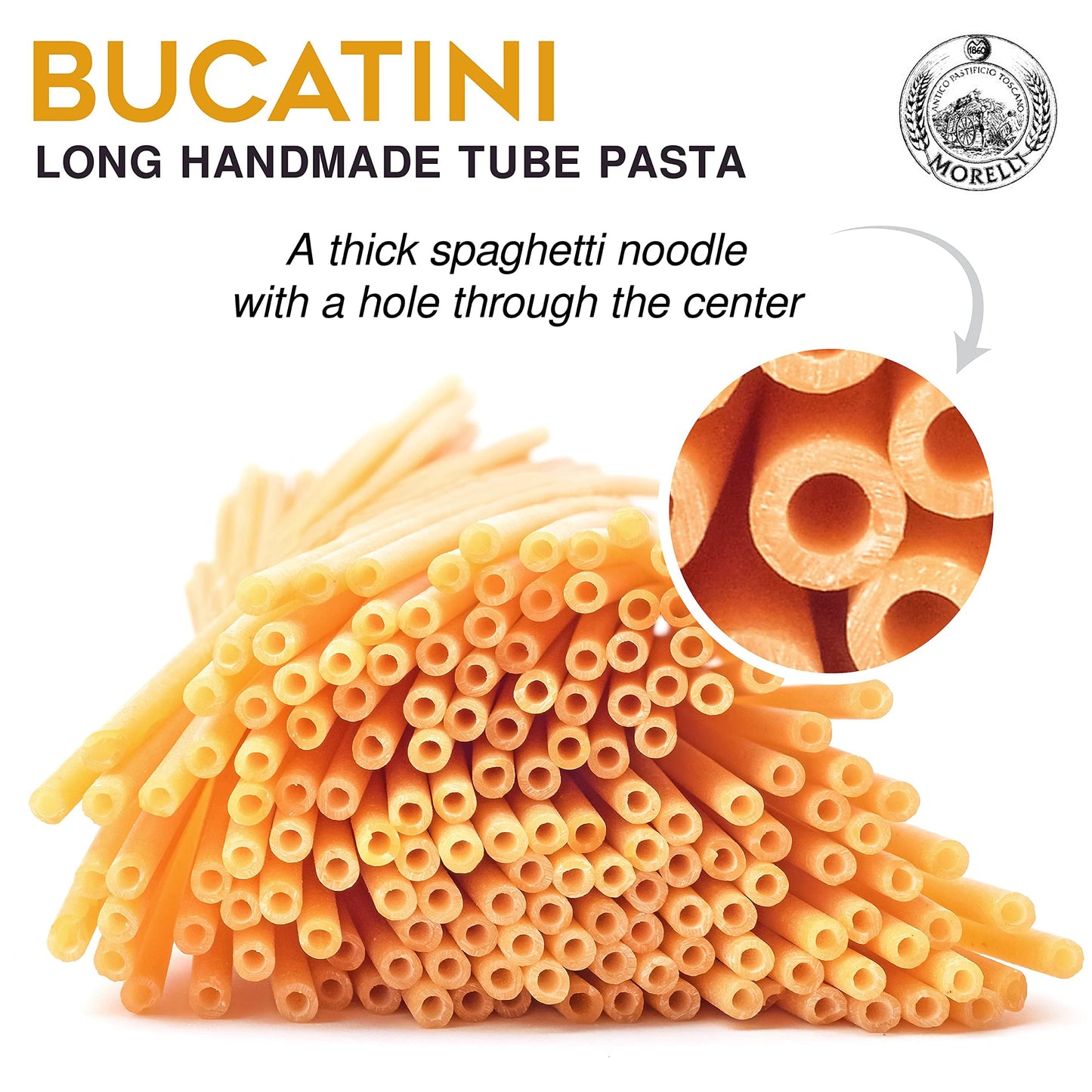 Morelli Bucatini Pasta Noodles - Premium Organic Italian Pasta from Italy - Handcrafted, Family Owned Gourmet Brand - Made with Durum Wheat Semolina
