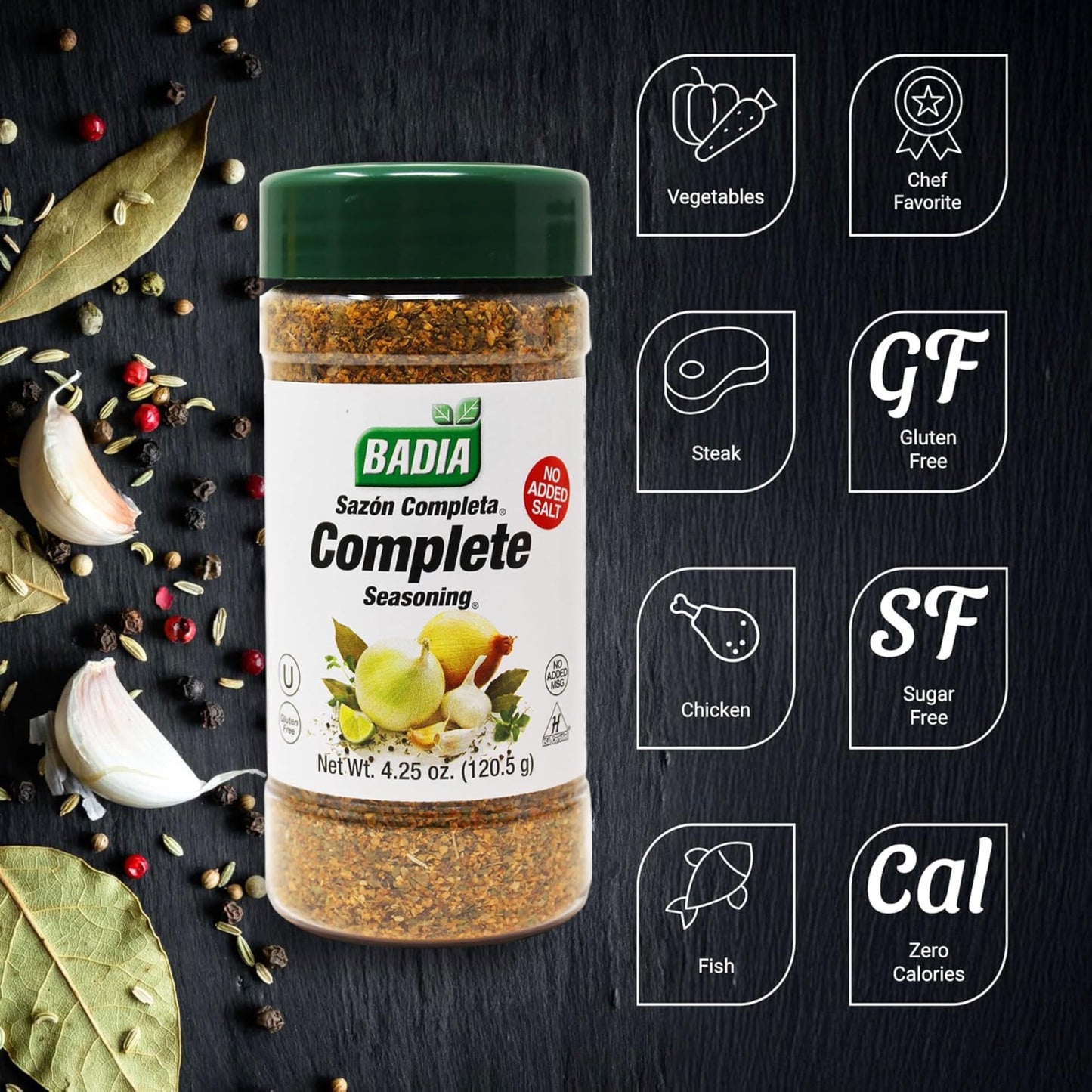 Badia Complete Seasoning Salt-Free, 4.25 oz - All-Purpose Spice Blend of Garlic, Onion, Pepper, Herbs & Spices - Savory Signature Blend (with No Salt)