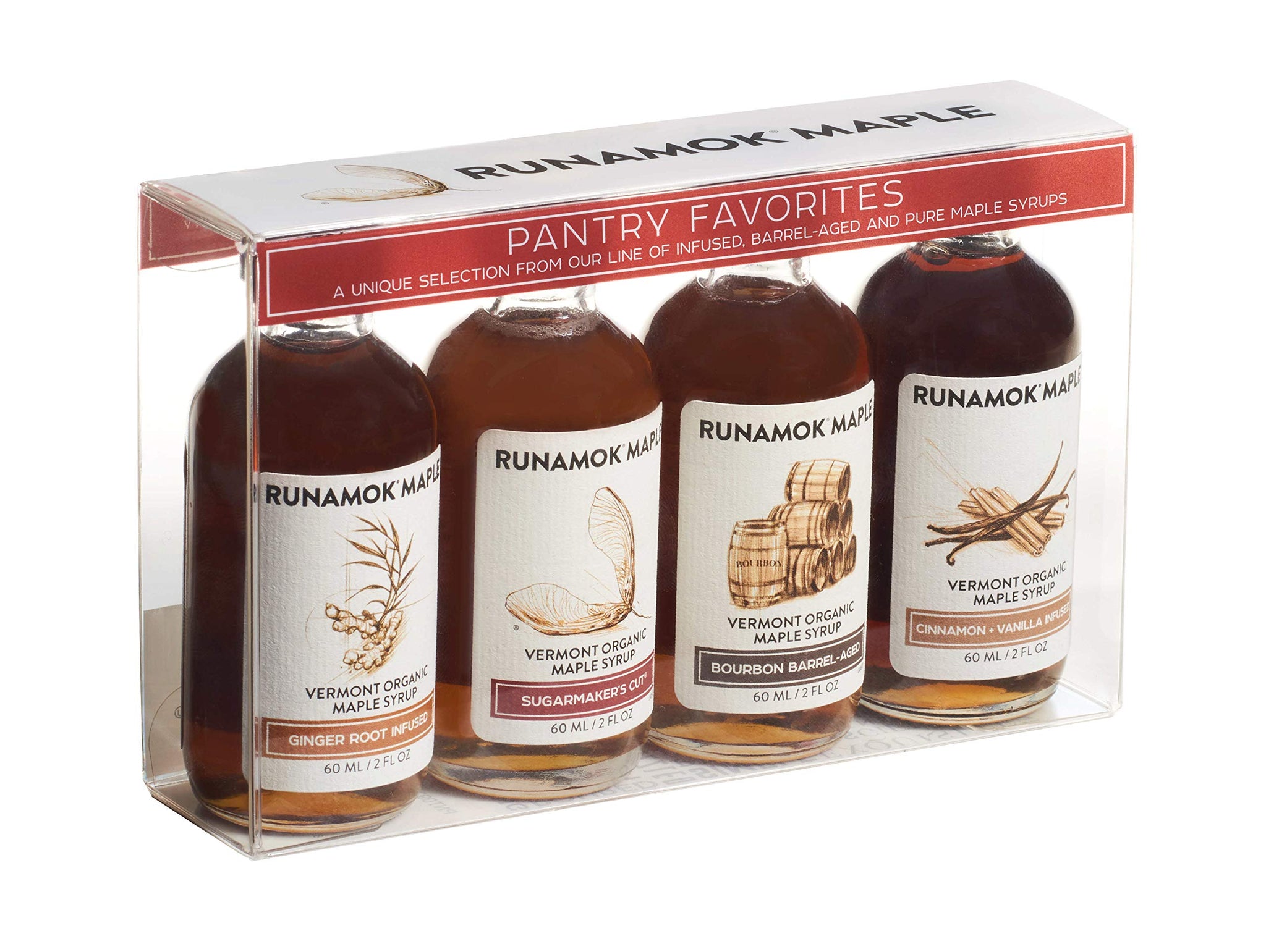 Runamok Organic Vermont Maple Syrup, Pantry Favorites Pairing Collection, 2 oz (4 count), 60mL, Traditional, Barrel-aged and Infused Organic Maple