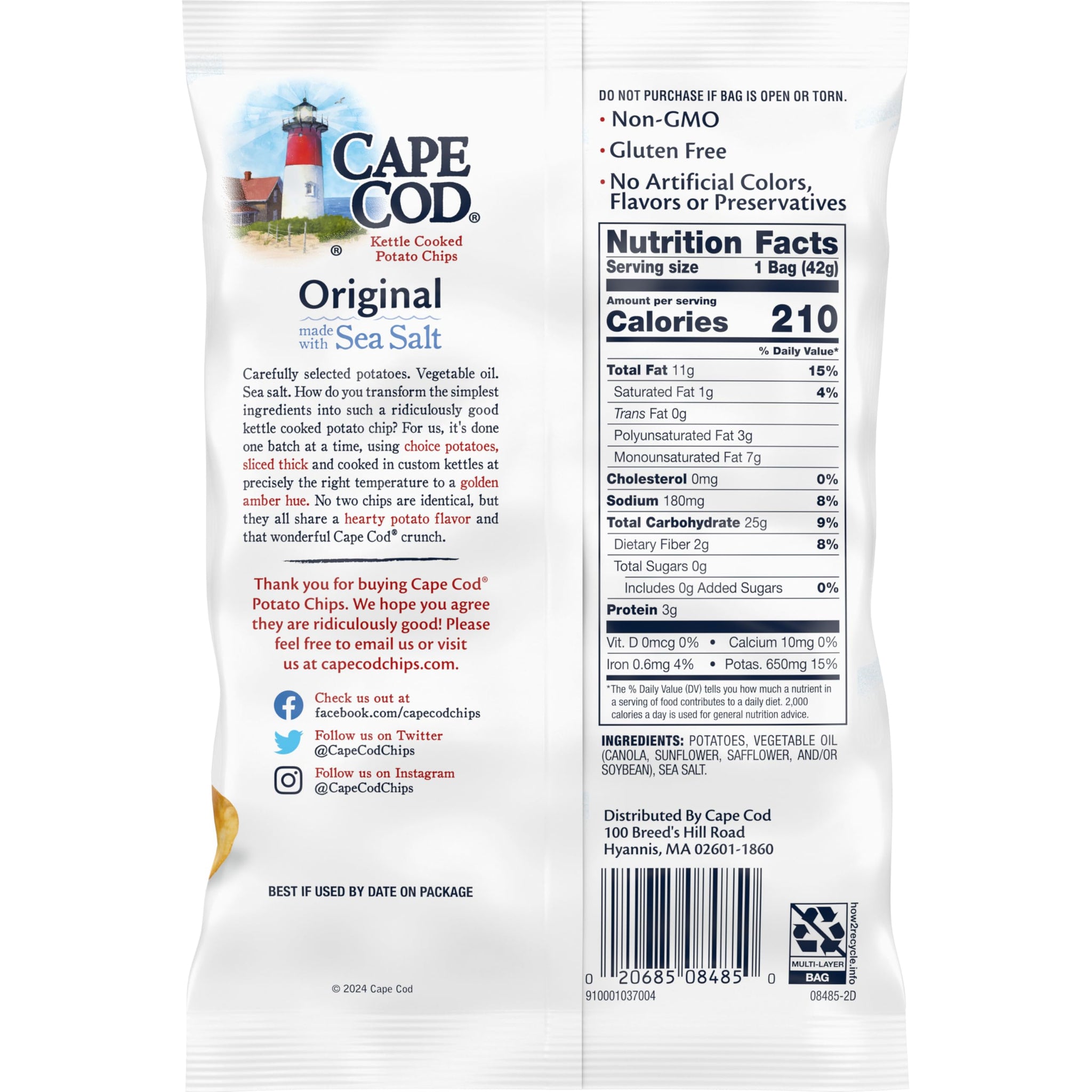 Cape Cod Potato Chips, Original Kettle Cooked Chips, Snack Bags 1.5 Oz (56 count)
