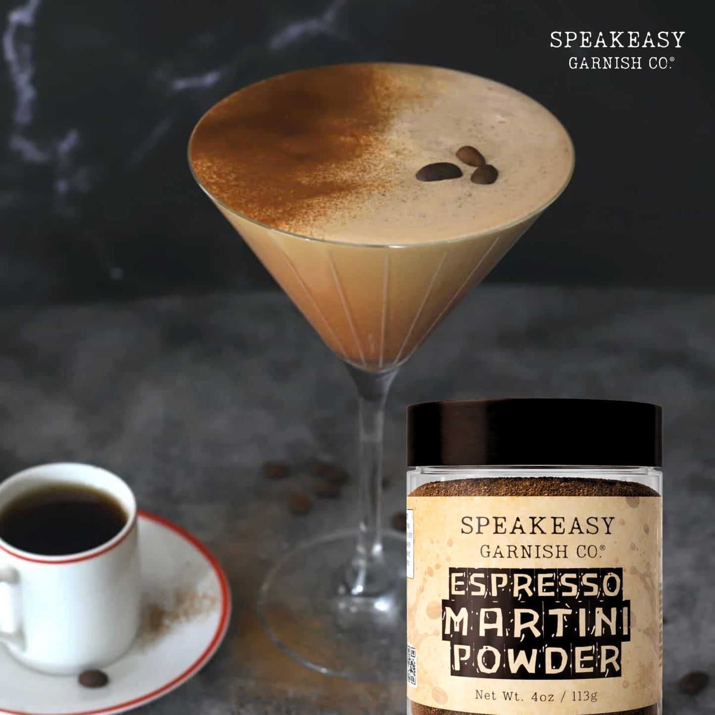 (ESPRESSO POWDER) SPEAKEASY GARNISH CO. ESPRESSO MARTINI POWDER - 4OZ JAR - PREMIUM COFFEE GARNISH FOR COCKTAILS, DESSERTS, BAKING & COFFEE DRINKS |