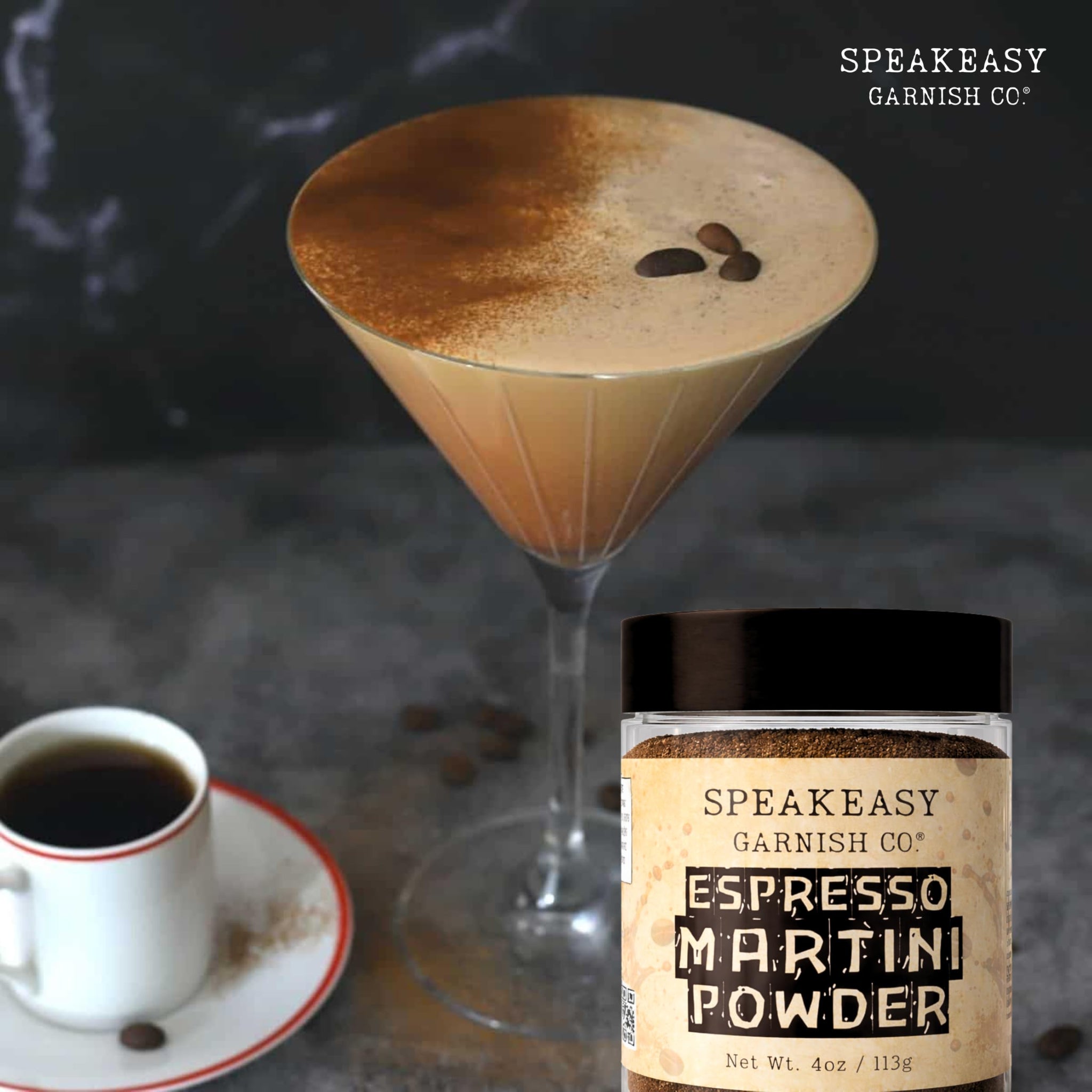 (ESPRESSO POWDER) SPEAKEASY GARNISH CO. ESPRESSO MARTINI POWDER - 4OZ JAR - PREMIUM COFFEE GARNISH FOR COCKTAILS, DESSERTS, BAKING & COFFEE DRINKS |