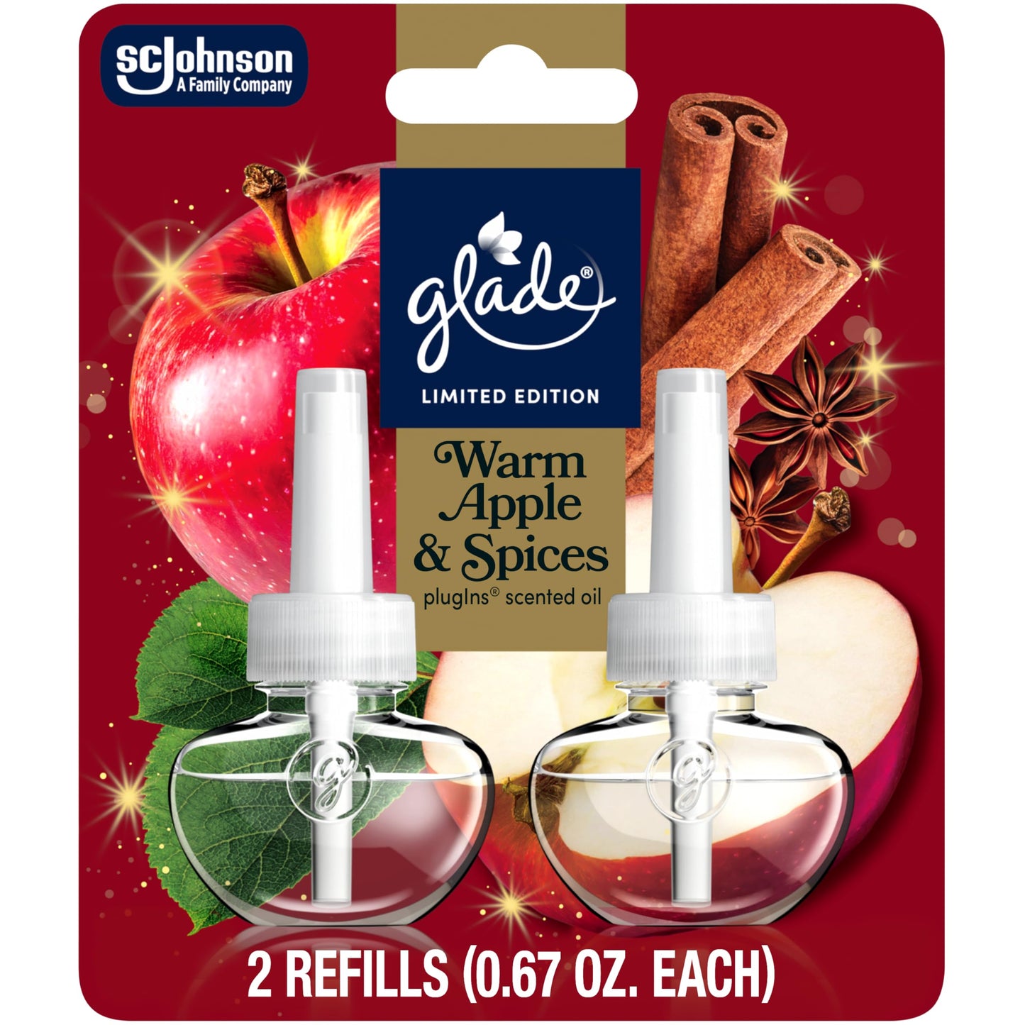 Glade PlugIns Scented Oil 2 Refills, Air Freshener, Warm Apple & Spices, 1.34 fl oz, Pack of 2