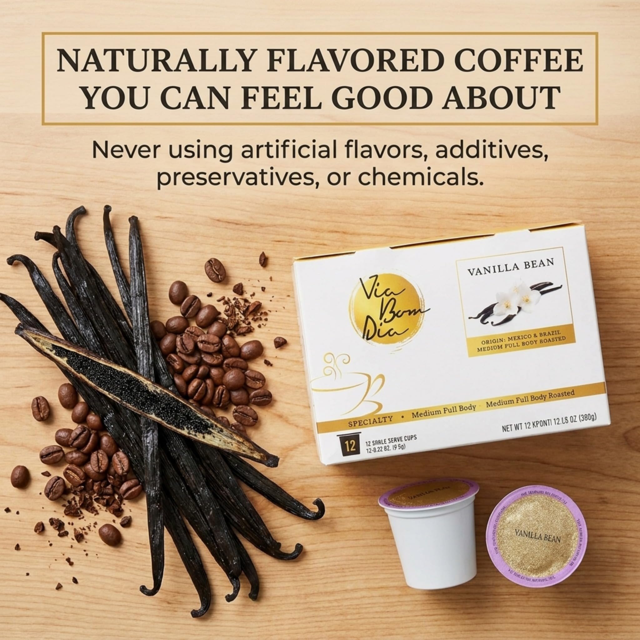 Via Bom Dia Naturally Flavored Kcup Coffee Pods, Vanilla Bean Flavor, Medium Roast, 12 Count (Pack of 1), for Single-Serve Keurig Machines