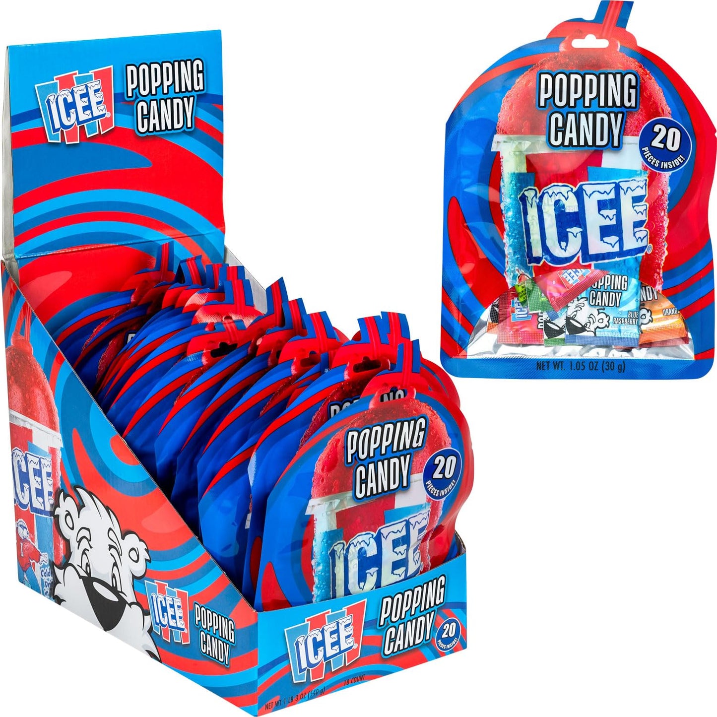 Popping Candy Party Pack, 4 Flavors: Blue Raspberry, Red Cherry, Green Apple, Orange, 1.05 oz, (Pack of 20)