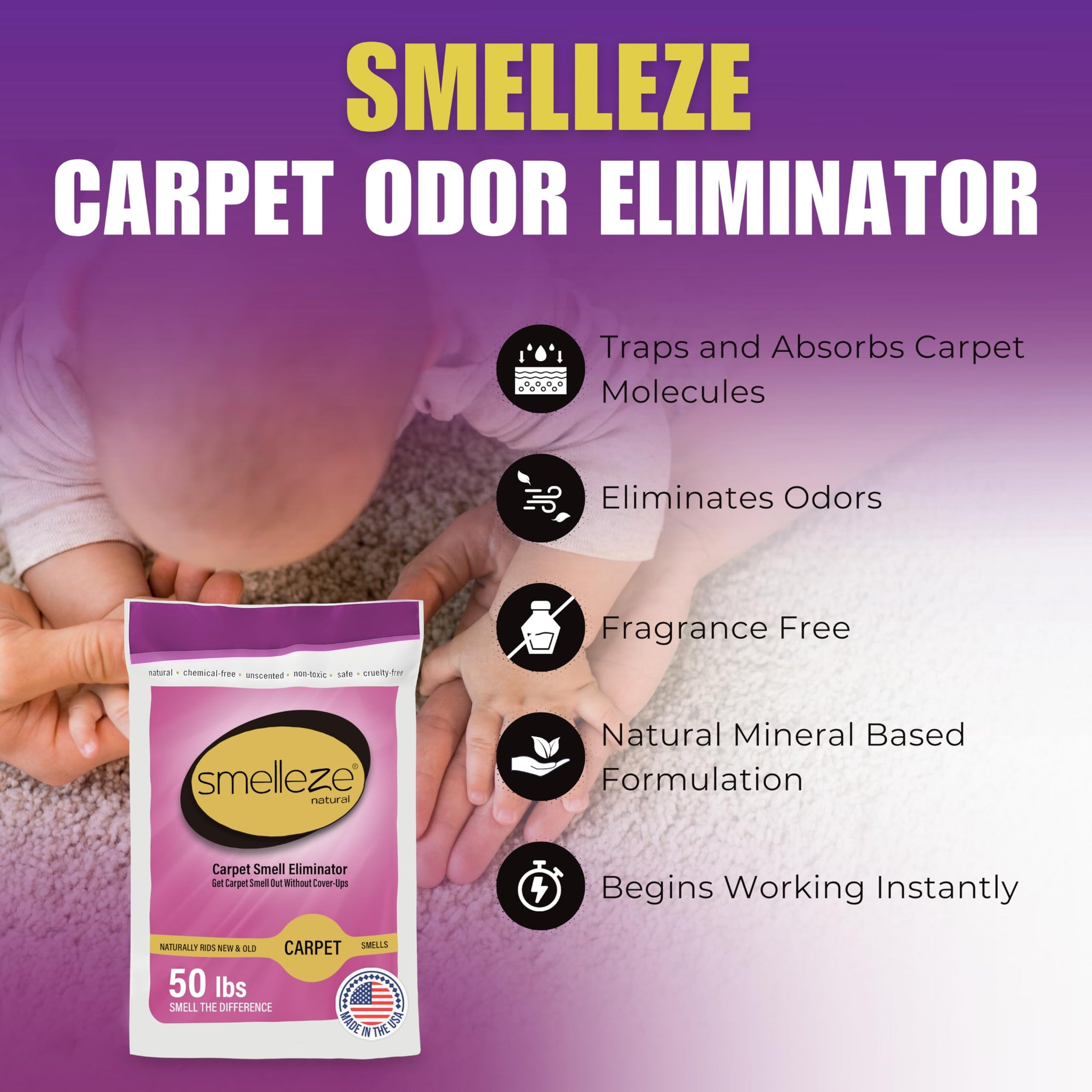 SMELLEZE Natural New Carpet Smell Deodorizer, Carpet Odor Eliminator Powder - Deodorizes All New Carpets, Rugs & Upholstery, 50 lb. Powder
