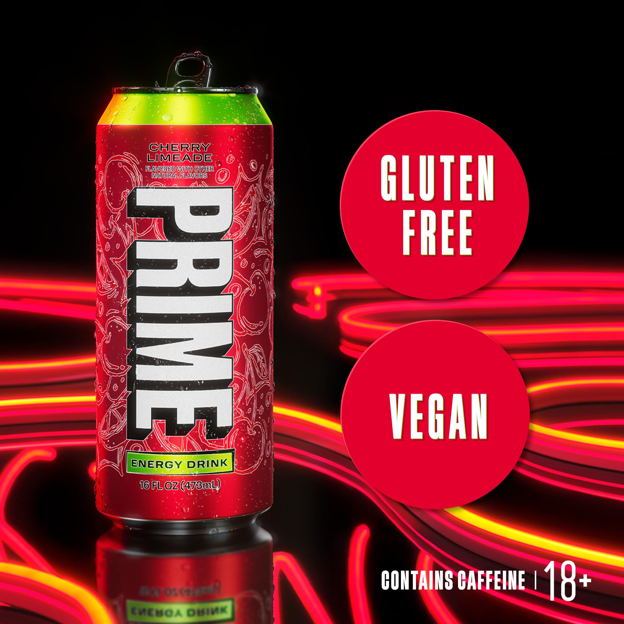 PRIME Energy CHERRY LIMEADE, Zero Sugar Energy Drink, 200mg Caffeine and 355mg of Electrolytes for Hydration, Vegan, Gluten Free,16 Fluid Ounce, 12