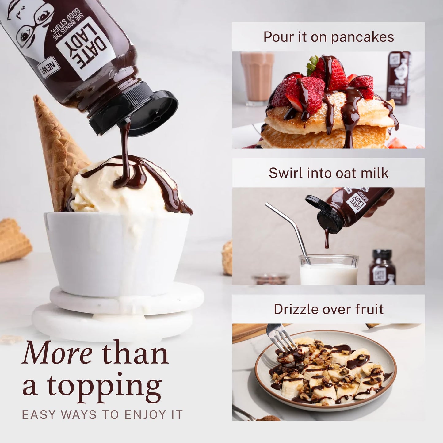 Date Lady Chocolate Syrup | Sweetened Only with Dates | Organic, Vegan, Kosher and Dairy Free | Drizzle on Ice Cream, Pour on Pancakes or Grab a