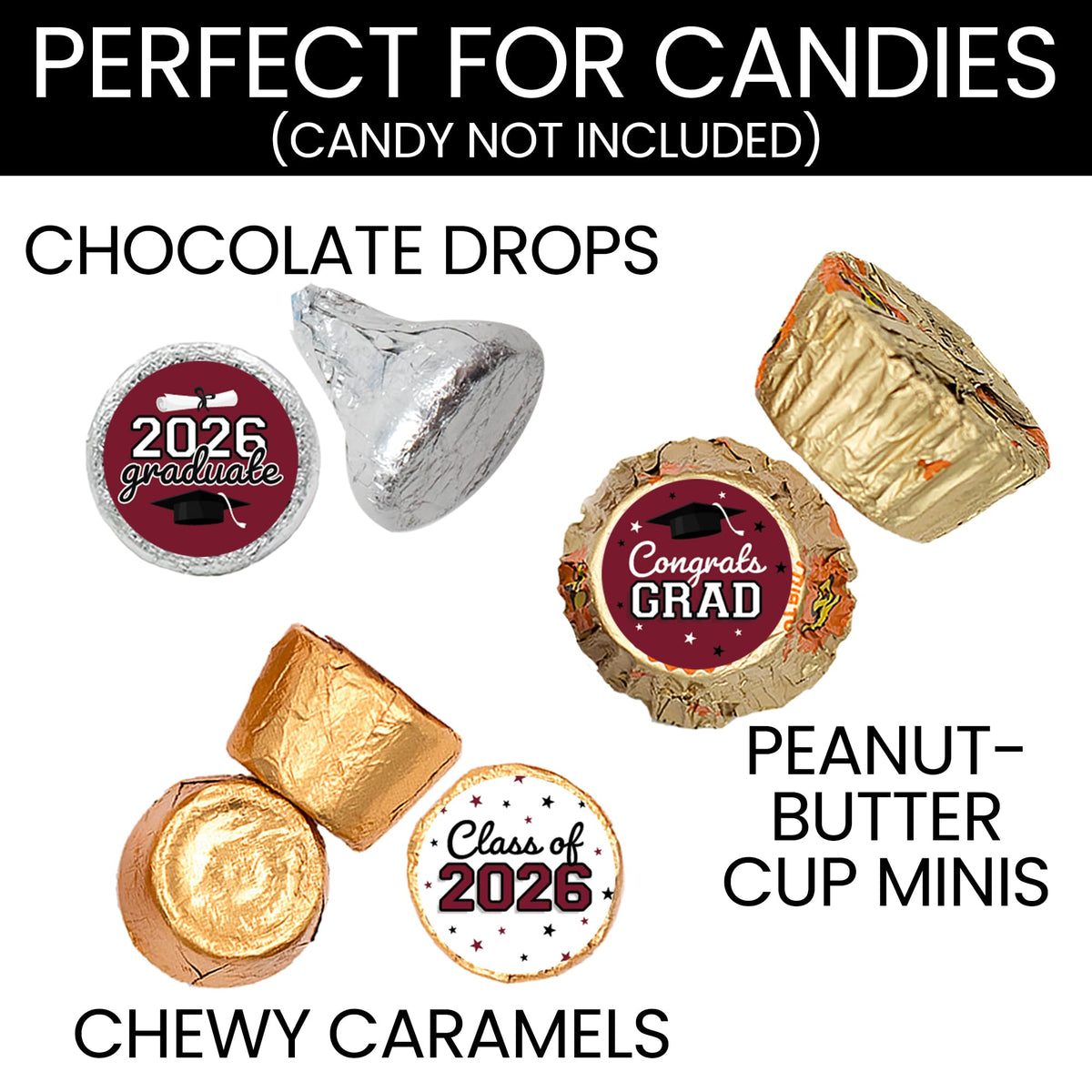 DISTINCTIVS Class of 2026 Graduation Candy Stickers for Chocolate Drops, Maroon Grad Party Favors - 216 Count