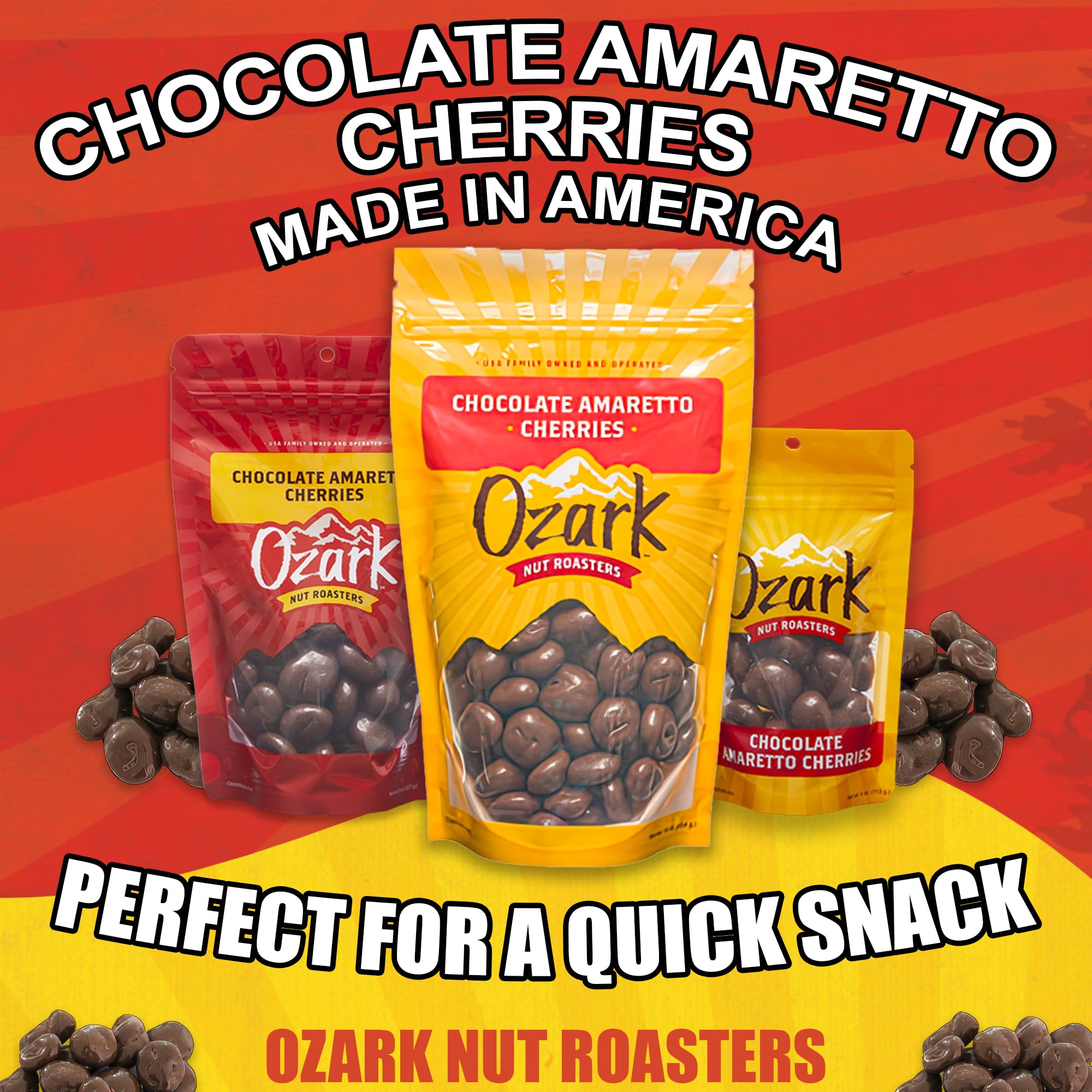 OZARK NUT ROASTERS, Chocolate Amaretto Cherries, Chocolate-Flavored Cherry Snacks, World-Class Gourmet Milk Chocolate Coated Cherries, Resealable Pack