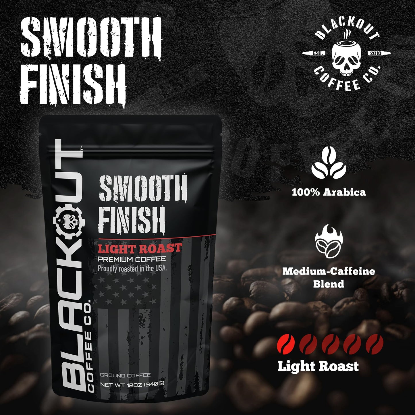 Blackout Coffee Smooth Finish Ground Coffee - Light Roast, Aromatic Smooth Taste - Freshly Roasted 12oz Bag