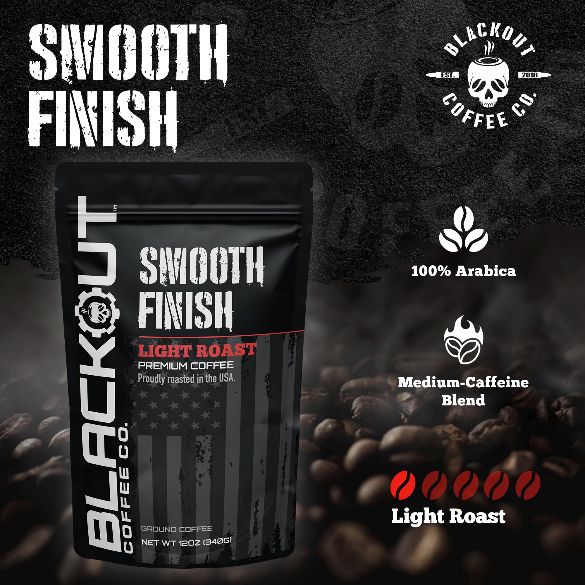 Blackout Coffee Smooth Finish Ground Coffee - Light Roast, Aromatic Smooth Taste - Freshly Roasted 12oz Bag