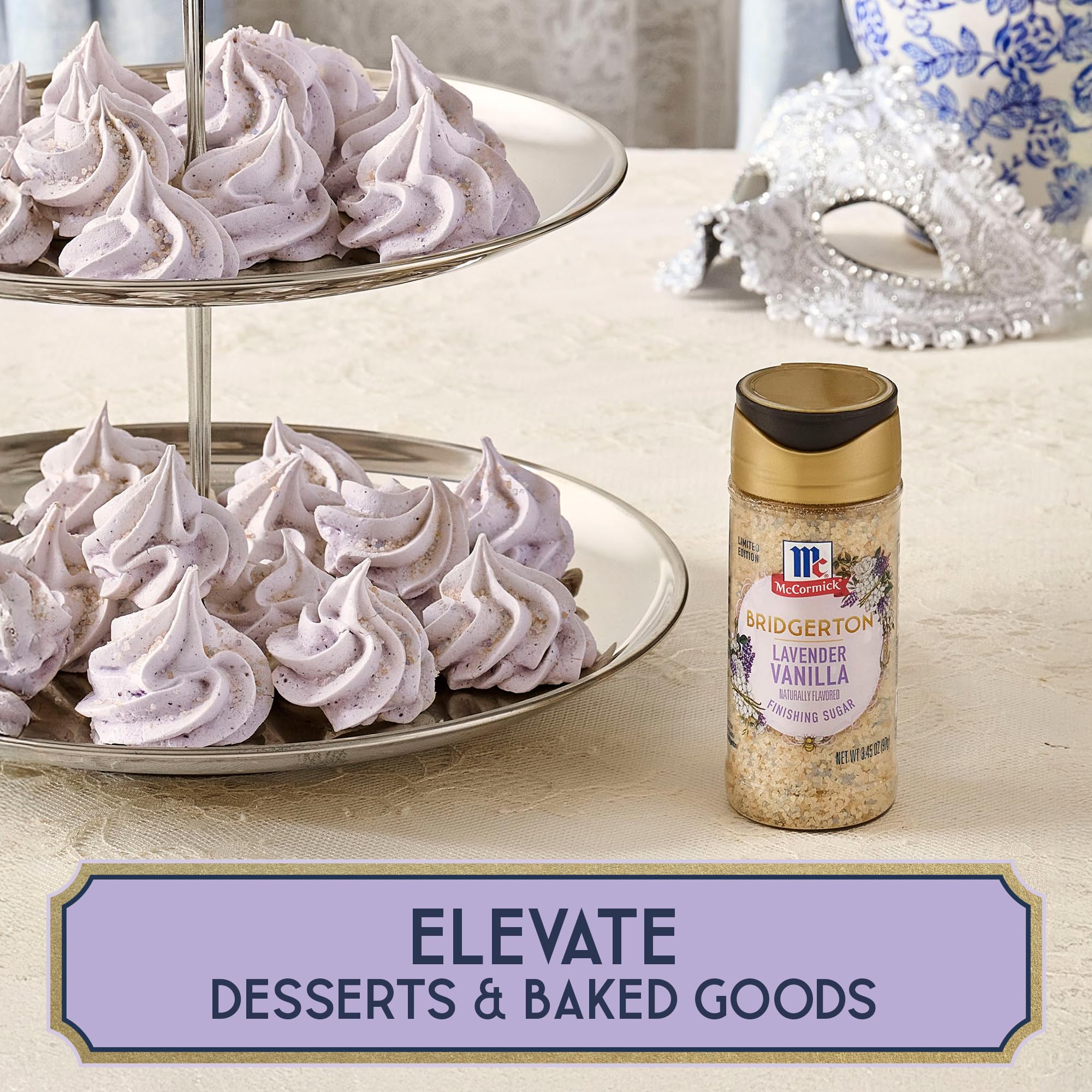 McCormick Bridgerton Finishing Sugar, Lavender Vanilla, Limited Edition, Floral Lavender Notes, Smooth Vanilla Flavor, For Cakes, Cocktails, Matcha Tea, and More, 3.45 oz