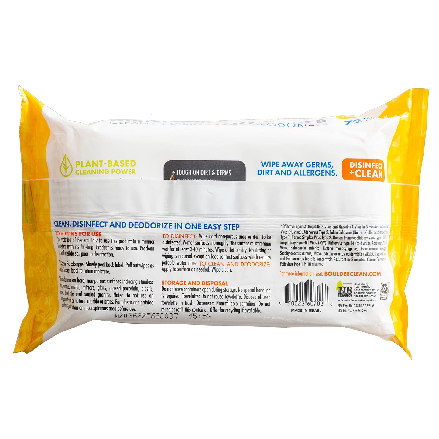 Boulder Clean Disinfecting Wipes, Sugared Lemon Scent, Disinfecting Surface Wipes, Cleans & Deodorizes, No Harsh Chemicals, Moisture-Lock Lid