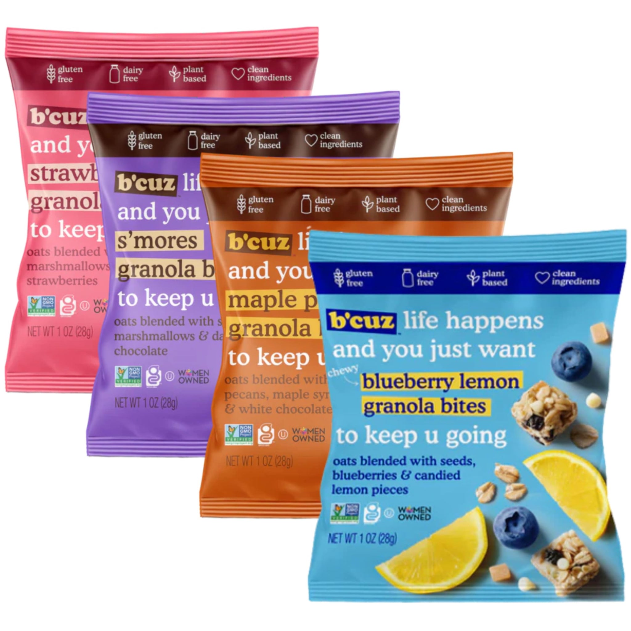B'CUZ Granola Bites Variety Pack - Gluten Free, Healthy, Dairy Free, Vegan Snacks - 8 Count